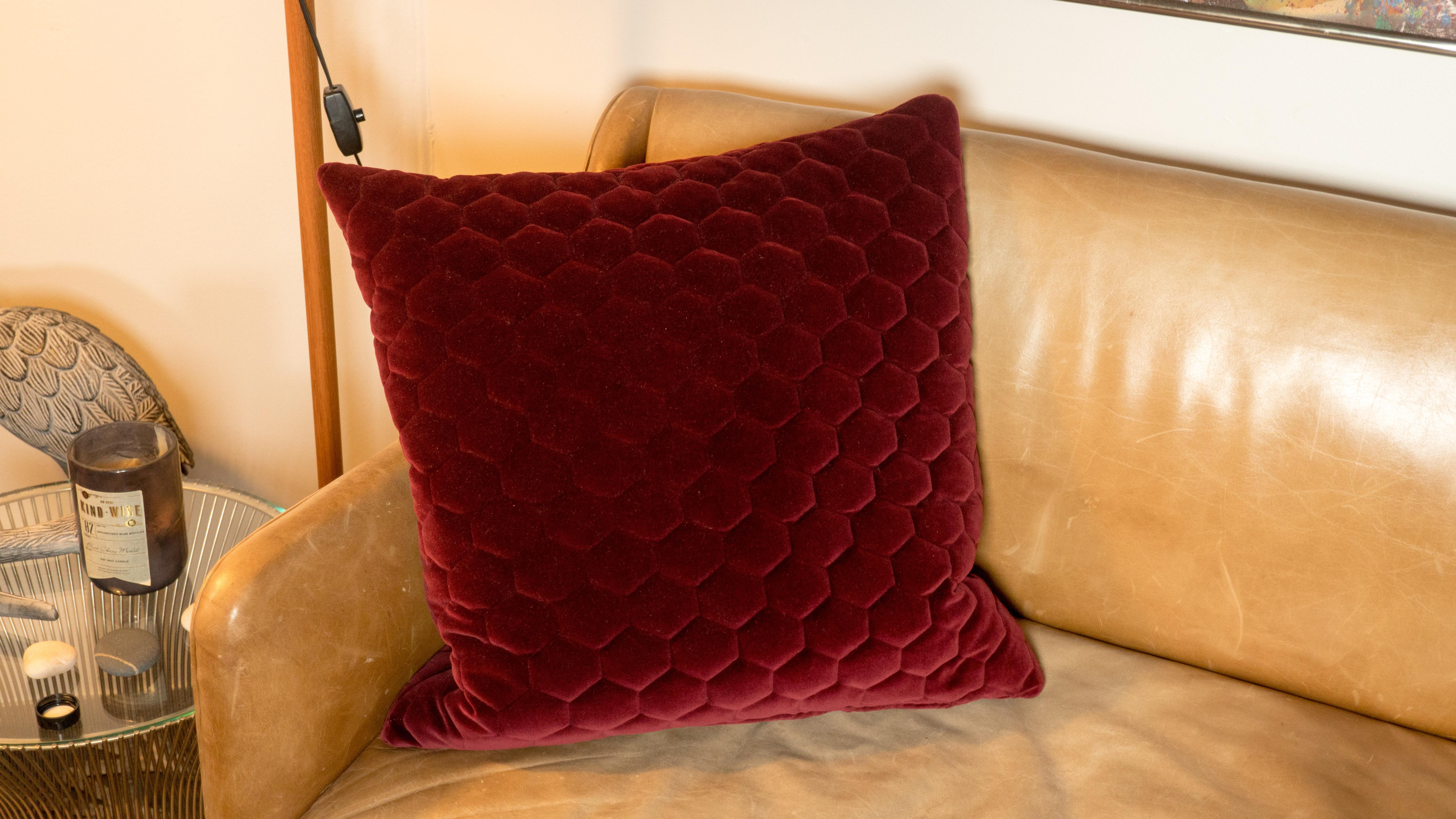 American Red Velvet Custom Made Geometrical Pillows - a Pair For Sale