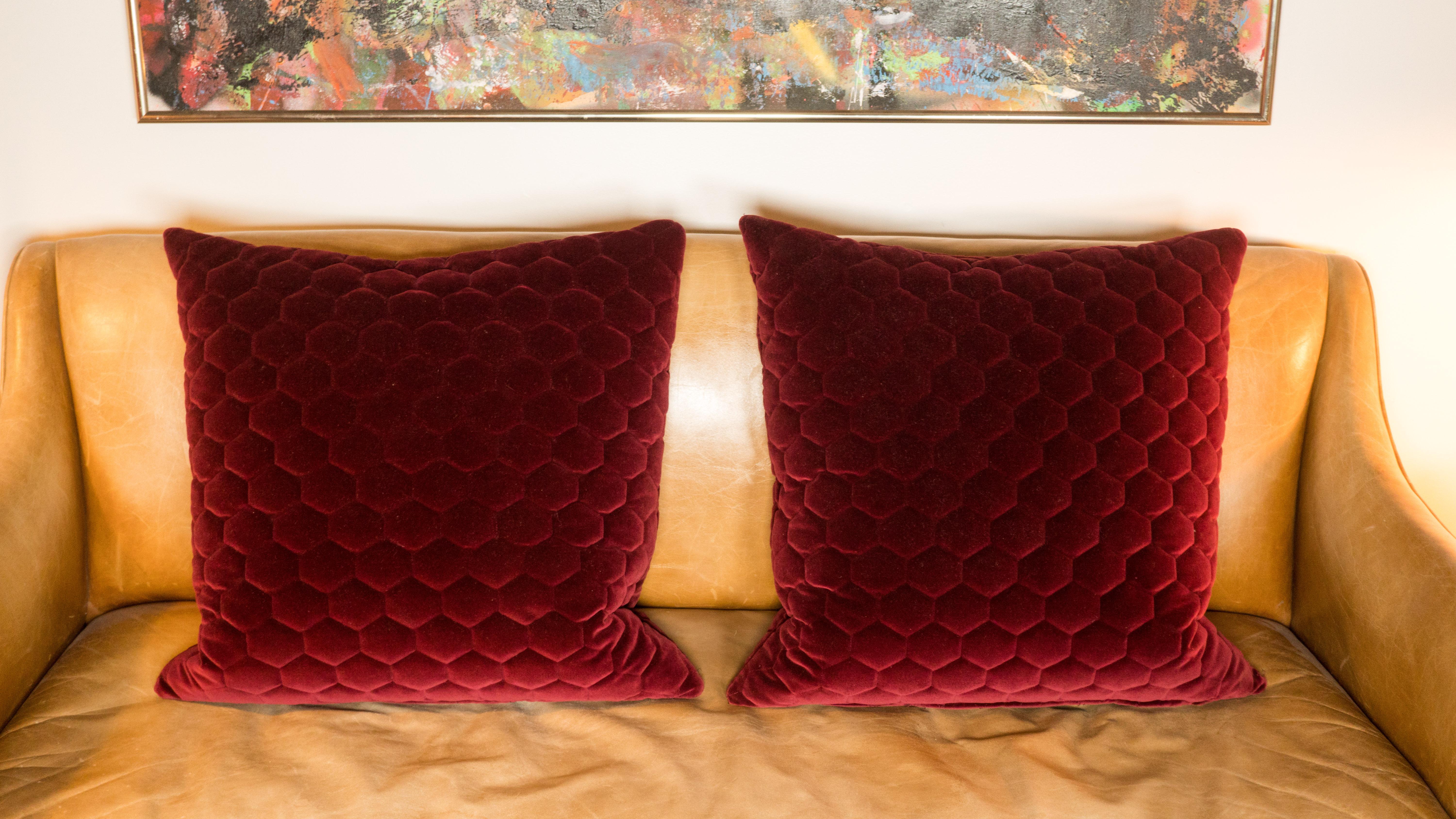 Red Velvet Custom Made Geometrical Pillows - a Pair In Good Condition For Sale In Boston, MA