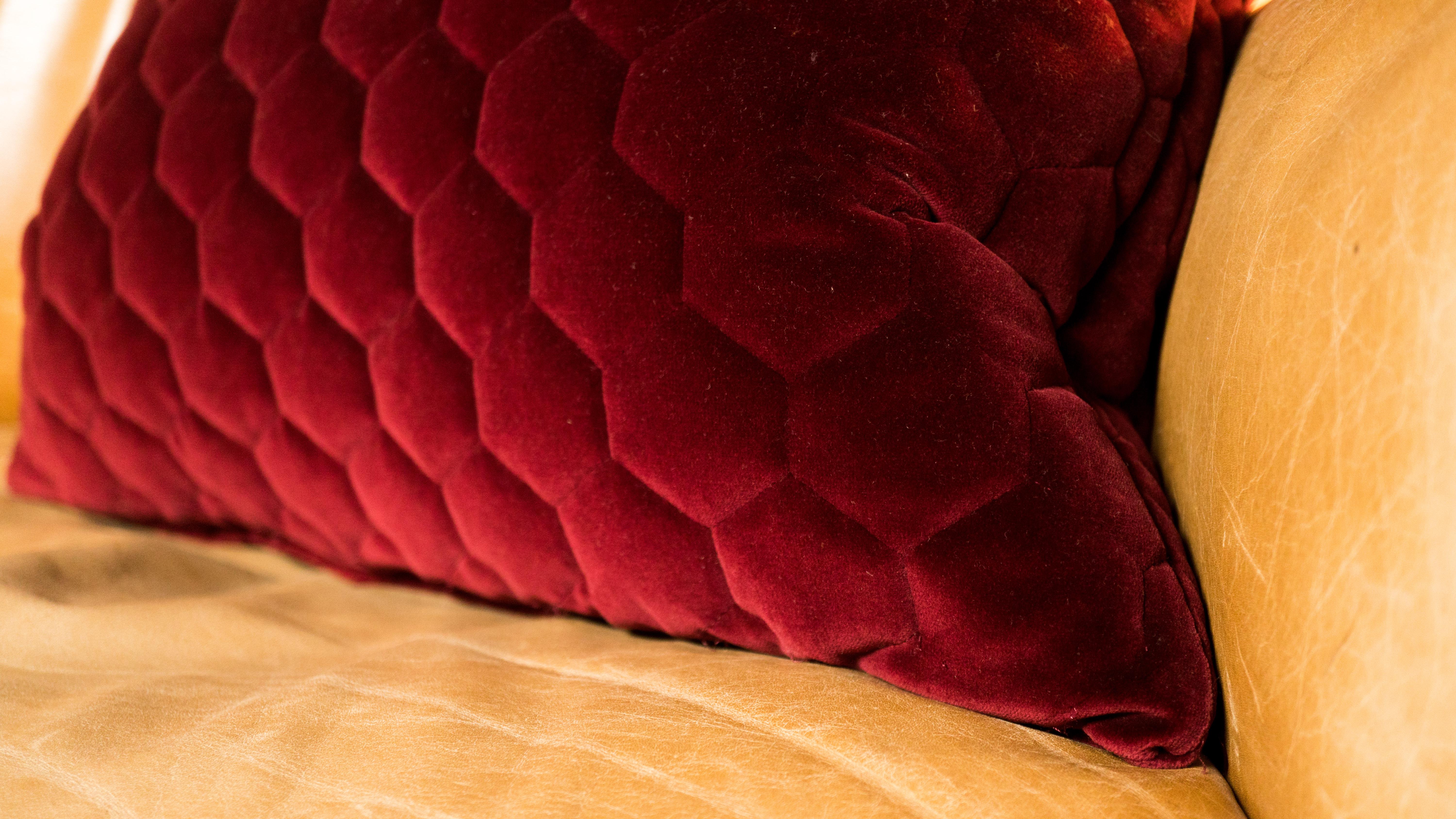 Contemporary Red Velvet Custom Made Geometrical Pillows - a Pair For Sale