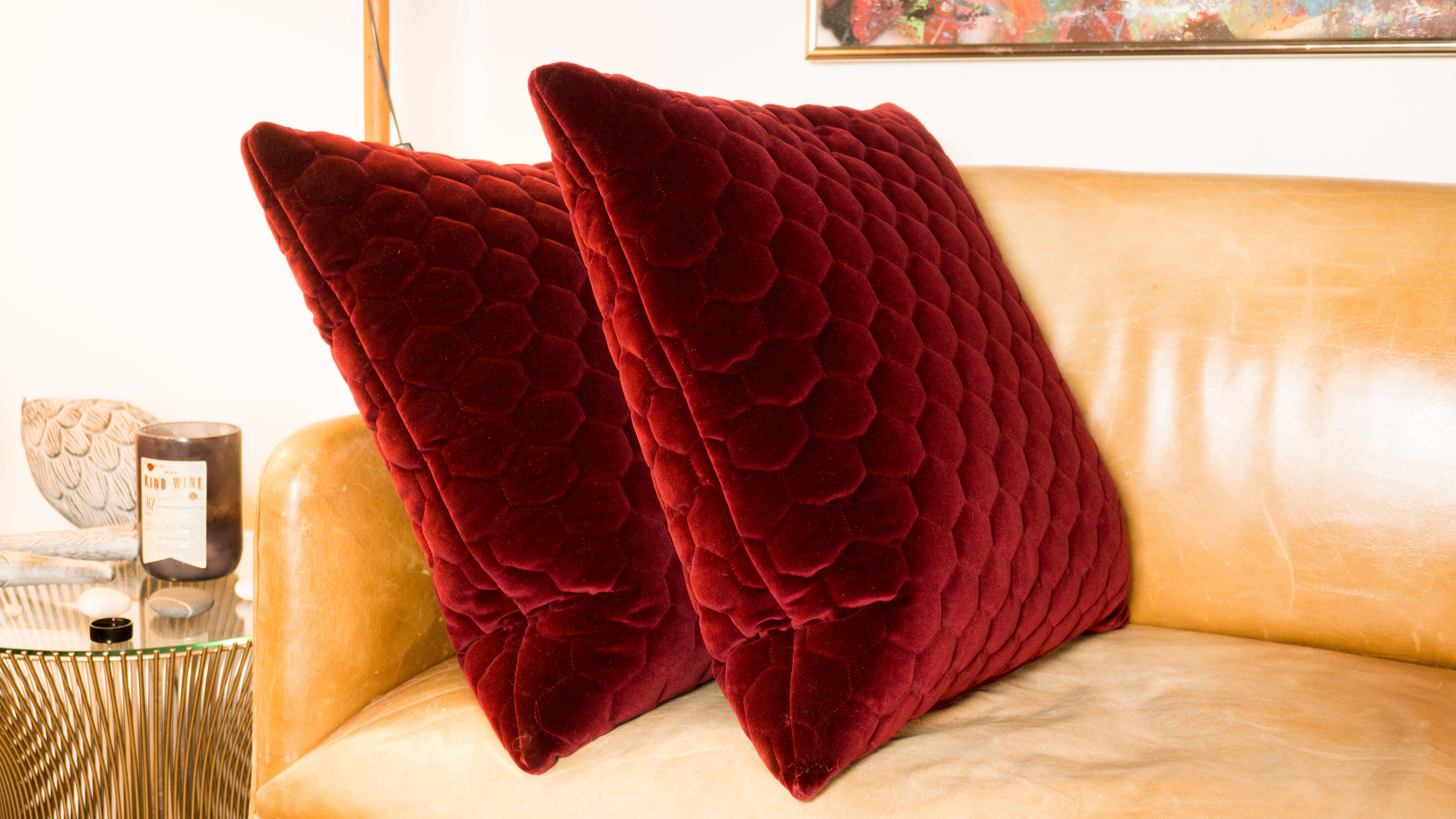 Red Velvet Custom Made Geometrical Pillows - a Pair For Sale 2