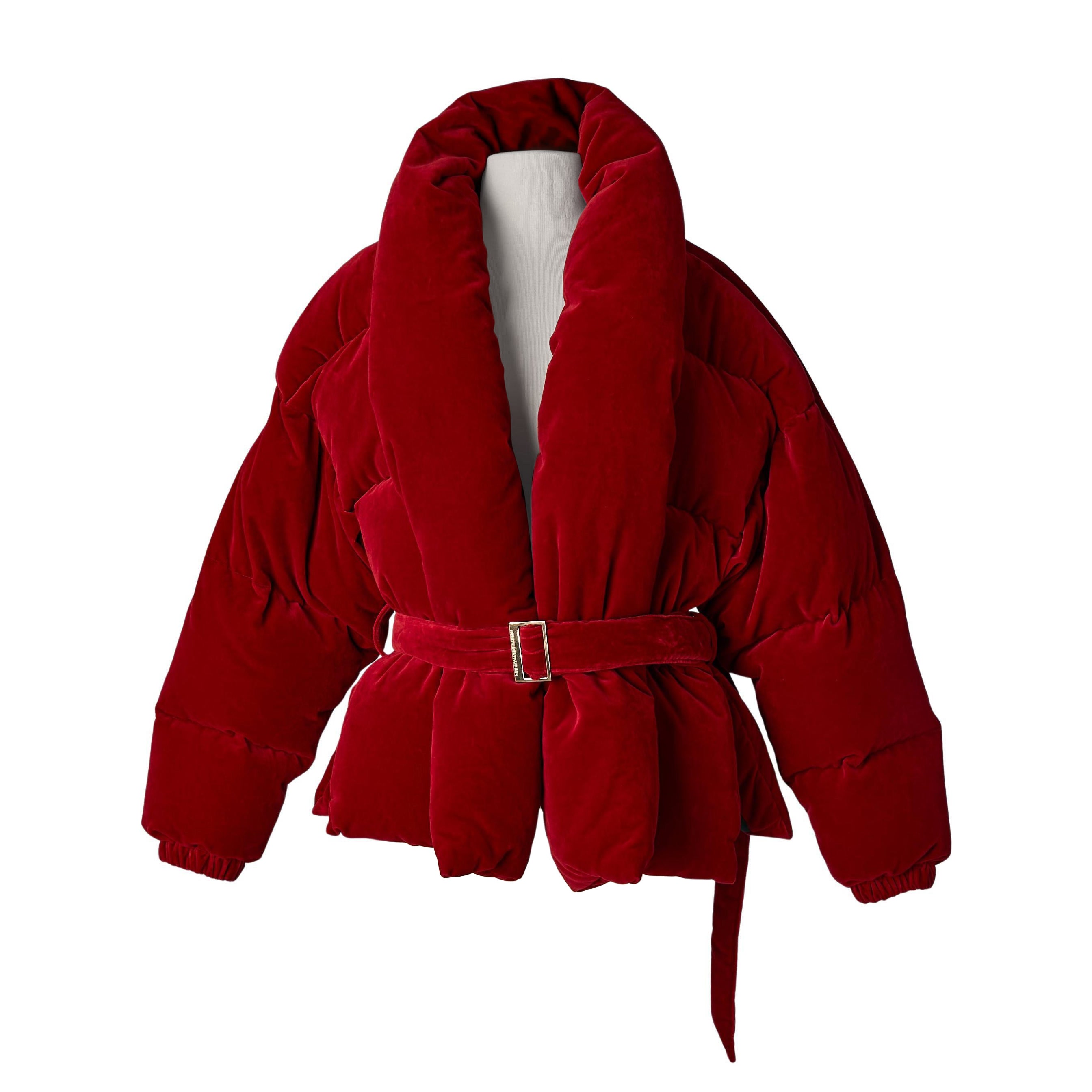 Rote Samt-Daunenjacke mit Gürtel ALEXANDRE VAUTHIER New im Angebot