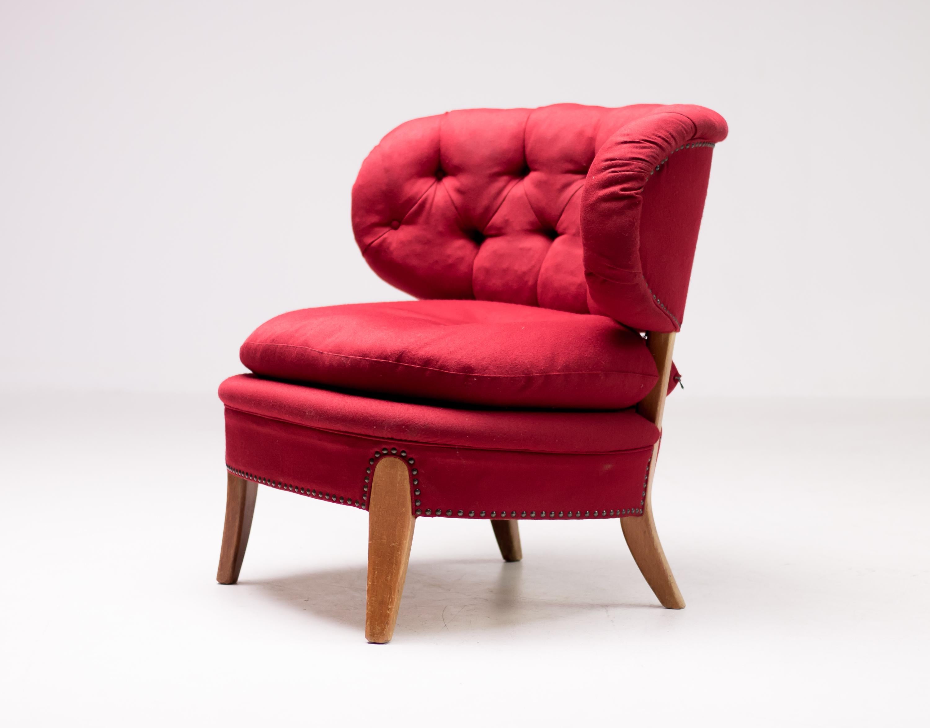 Scandinavian Modern Red Velvet Easy Chair by Otto Schulz