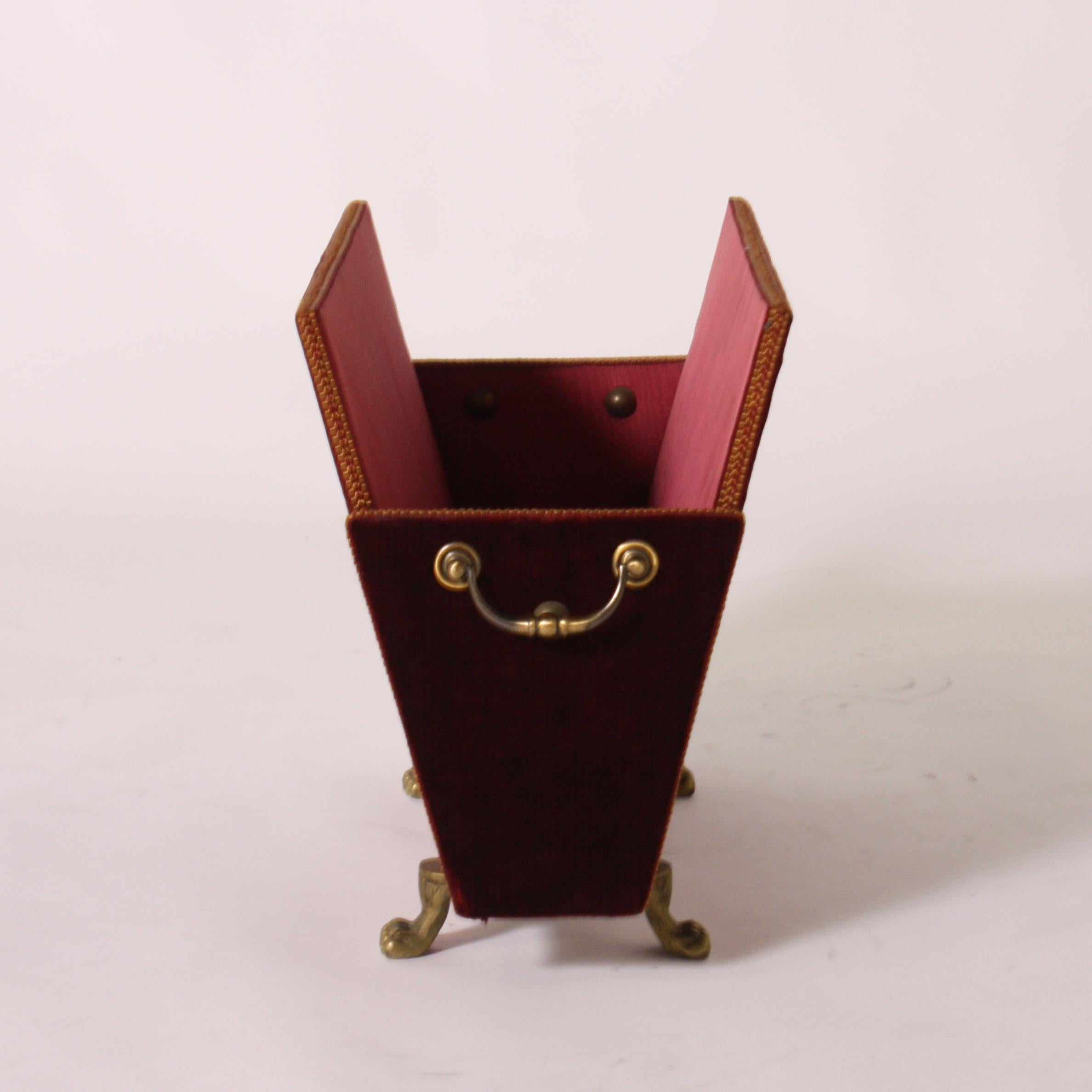 Red Velvet French Magazine Rack with Brass Detail, circa 1950 In Good Condition In Dallas, TX