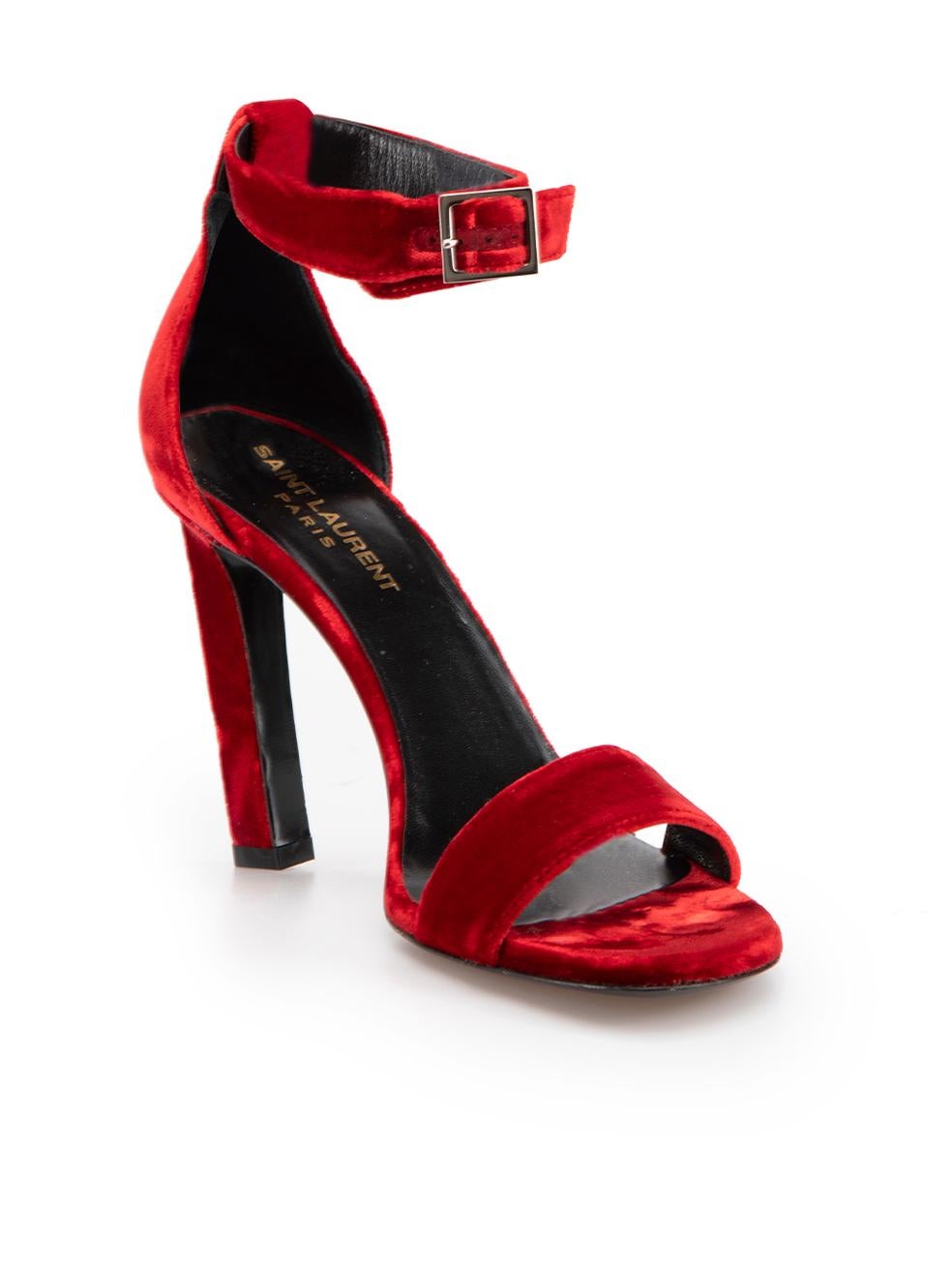 CONDITION is Very good. Minimal wear to shoes is evident. Minimal wear to both toe straps and heel stems with indents to the velvet on this used Saint Laurent designer resale item.



Details


Red

Velvet

Toe strap

Ankle buckle fastening

Mid