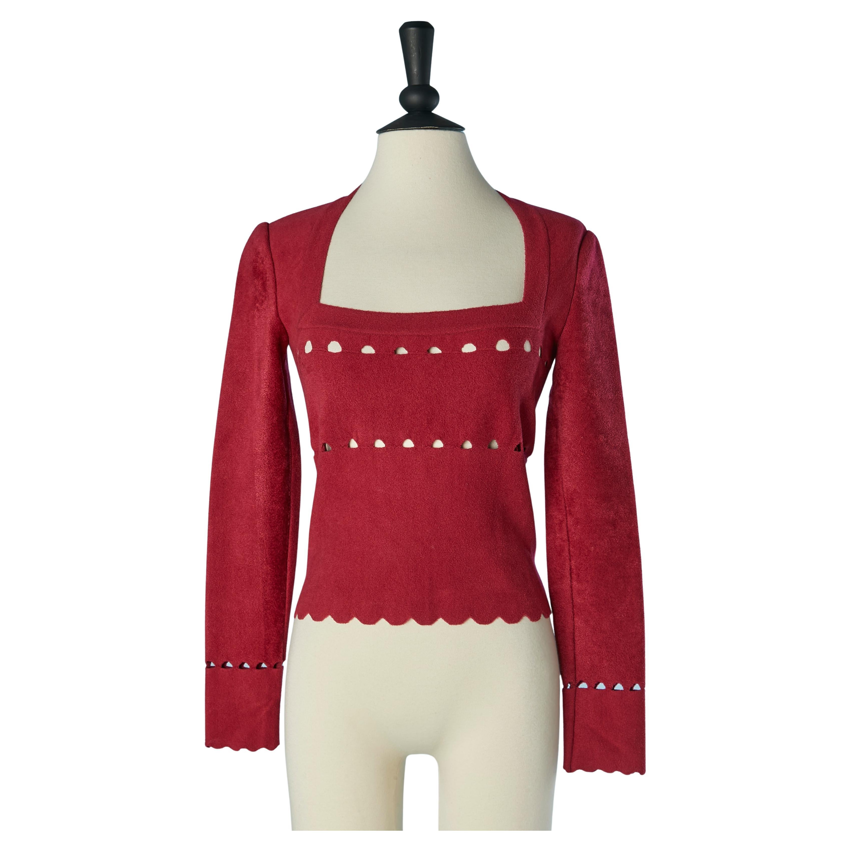 Red velvet perforated jersey top ALAIA For Sale