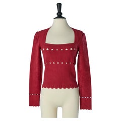Red velvet perforated jersey top ALAIA