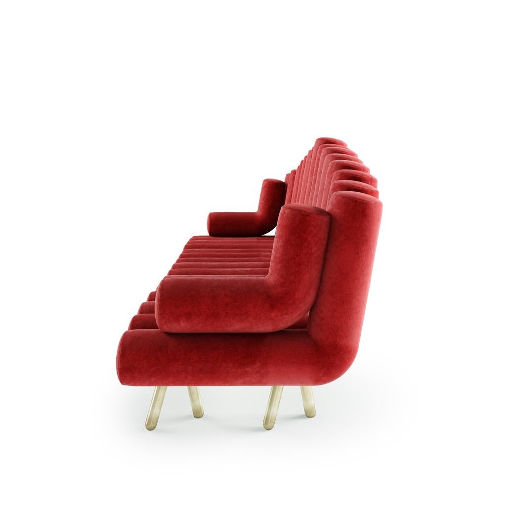 Modern Red Velvet Sofa with Brass Legs For Sale
