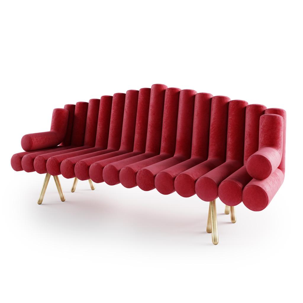 Italian Red Velvet Sofa with Brass Legs For Sale