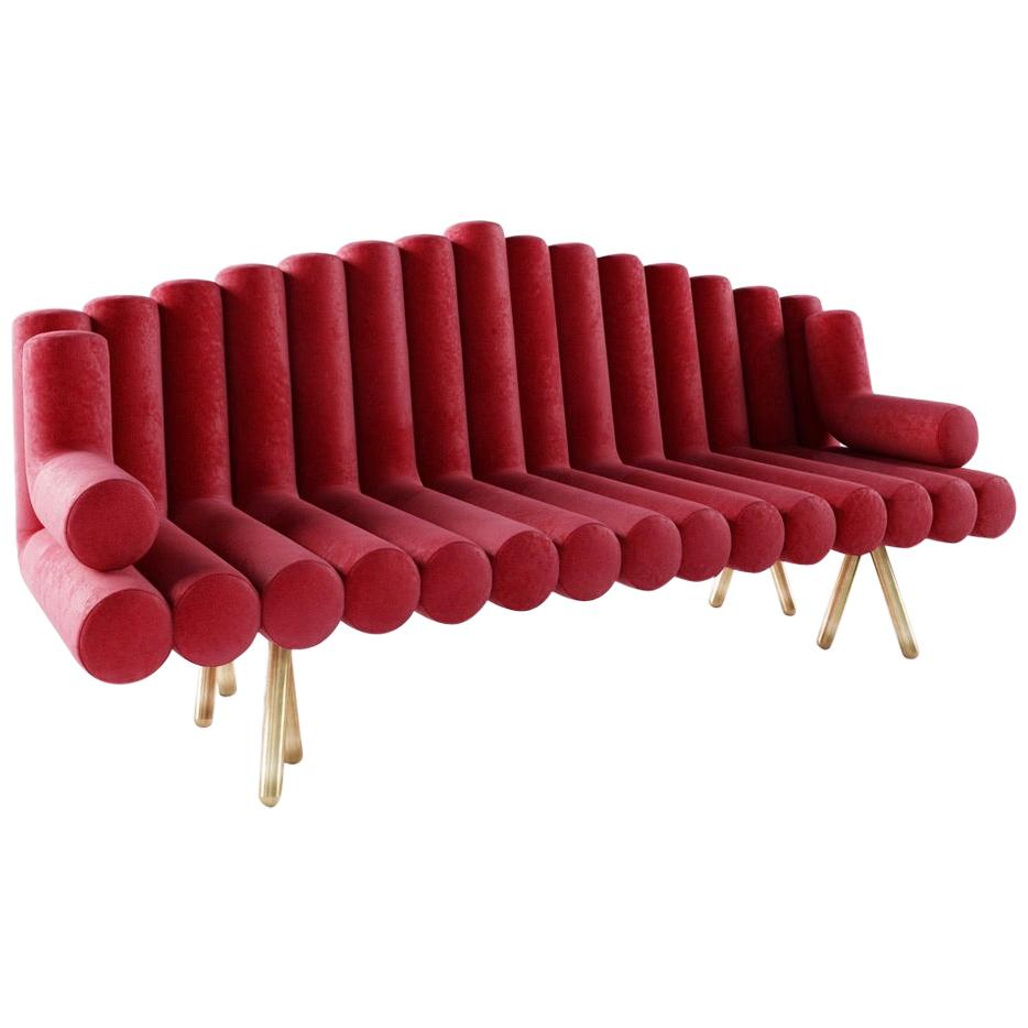 Red Velvet Sofa with Brass Legs For Sale