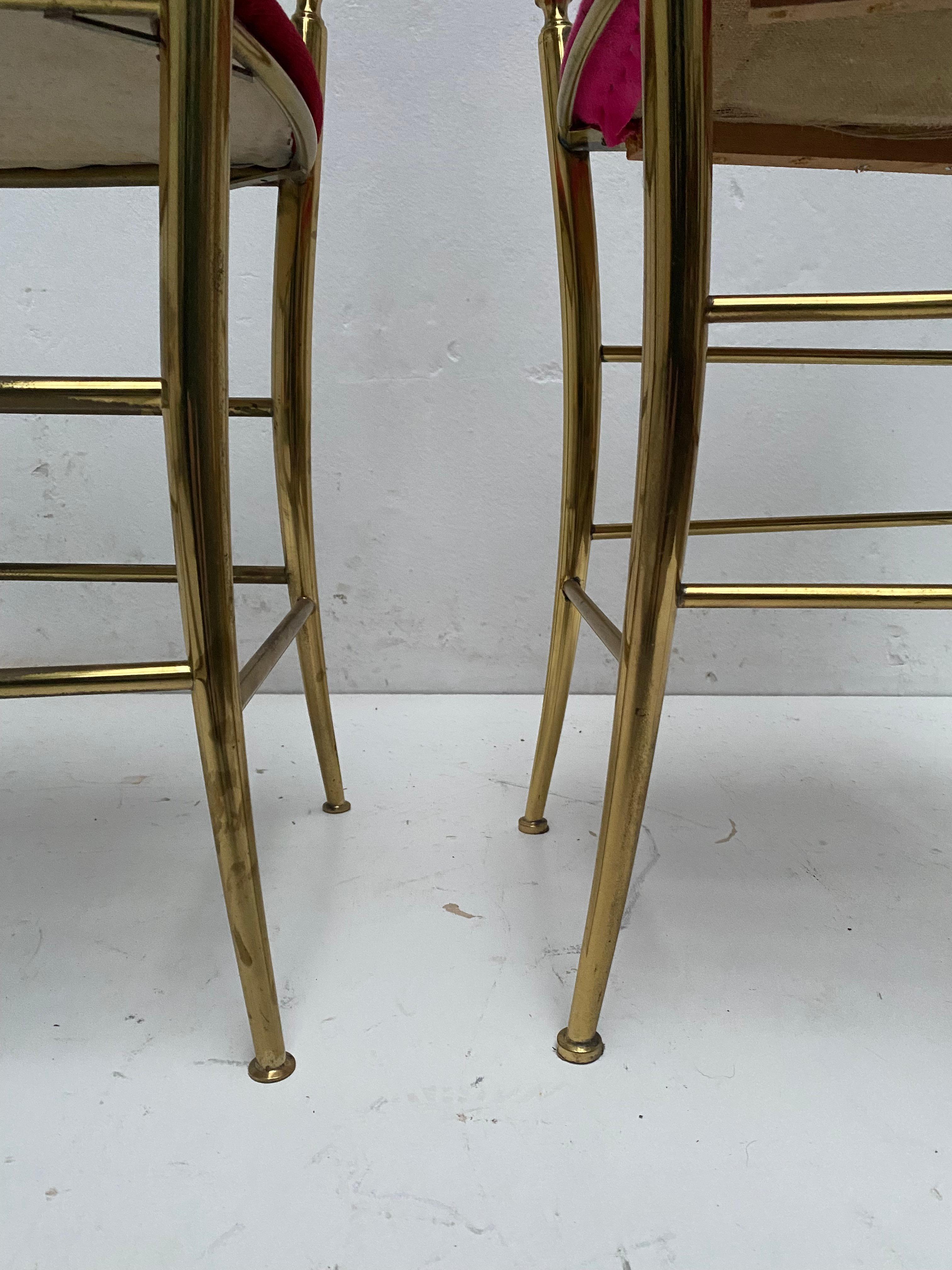 Italian Red Velvet Solid Brass Chiavari Vanity / Side High Back Chair, Italy, 1960s
