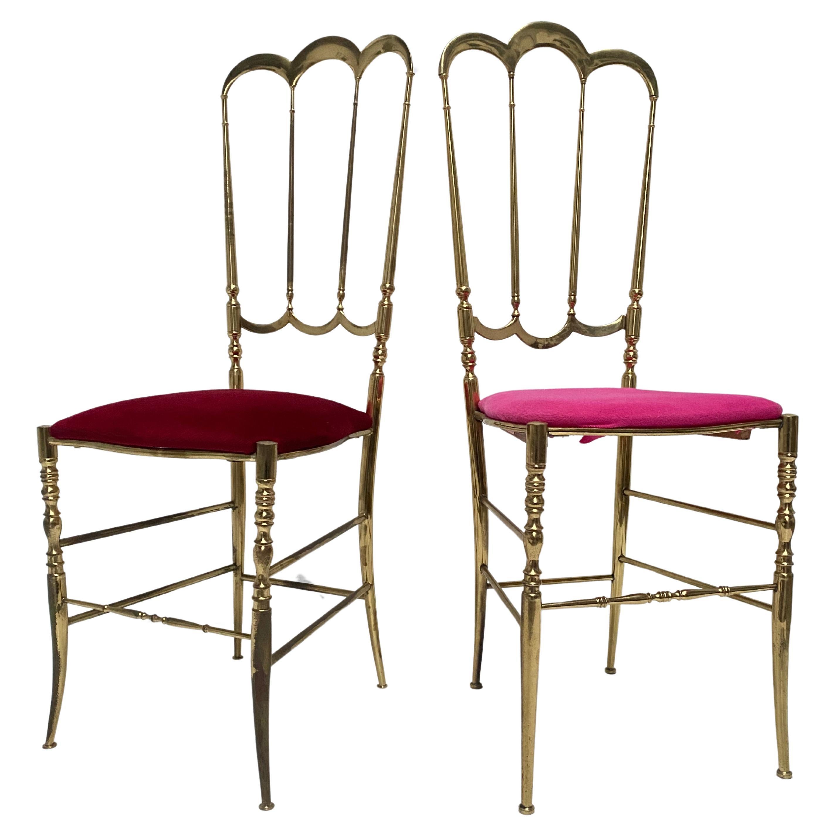 Red Velvet Solid Brass Chiavari Vanity / Side High Back Chair, Italy, 1960s
