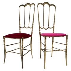 Red Velvet Solid Brass Chiavari Vanity / Side High Back Chair, Italy, 1960s