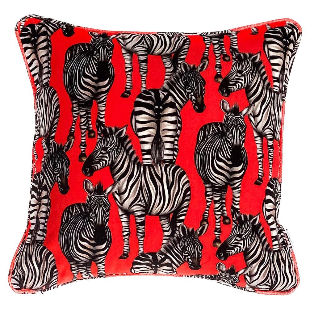 Red Velvet Cushion Cover with Hand-Drawn Zebra Image Pillow