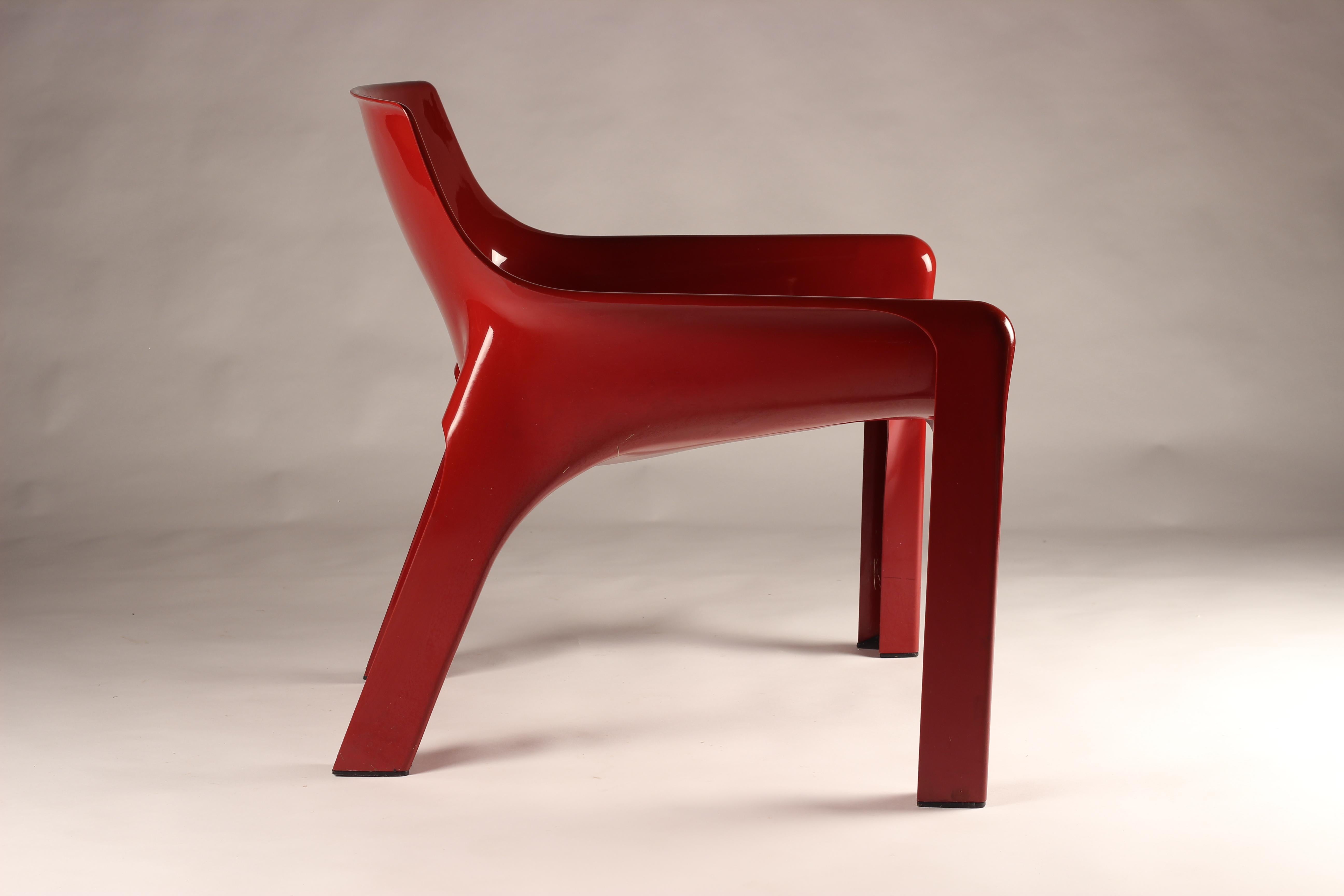 Molded Pair of Red Vicario Lounge Chairs Design by Vico Magistretti Made by Artemide