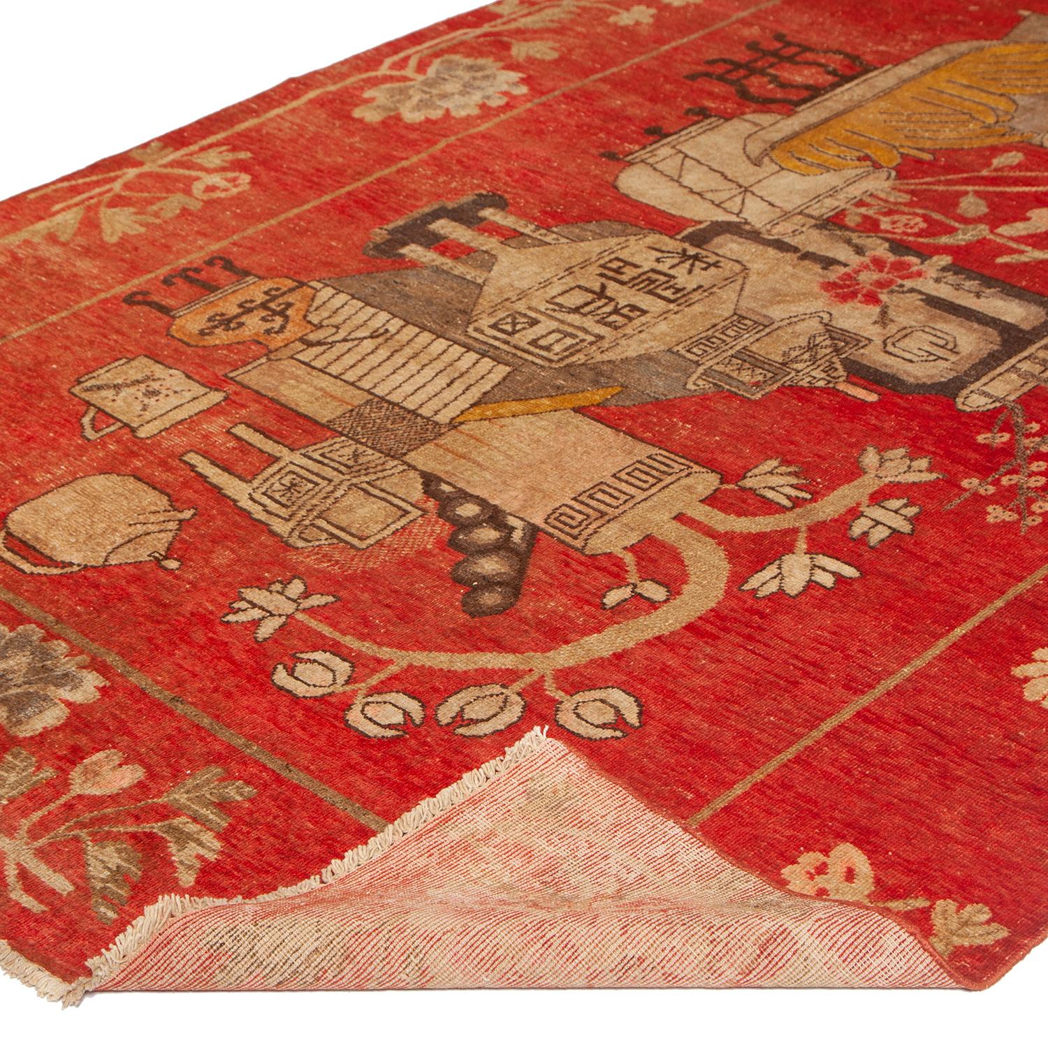 Mongolian abc carpet Red Vintage Traditional Kohtan Wool Rug - 5'5