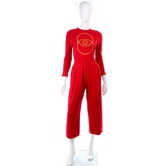 Red Vintage 1980s Geoffrey Beene Jumpsuit With Gold Circle and Star Embroidery