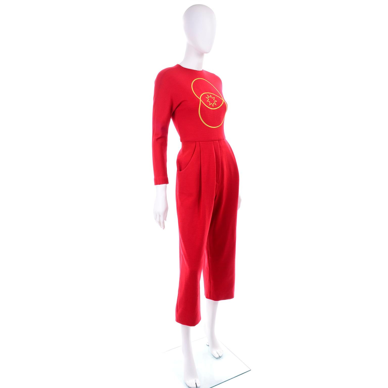 Red Vintage 1980s Geoffrey Beene Jumpsuit With Gold Circle and Star Embroidery For Sale 1
