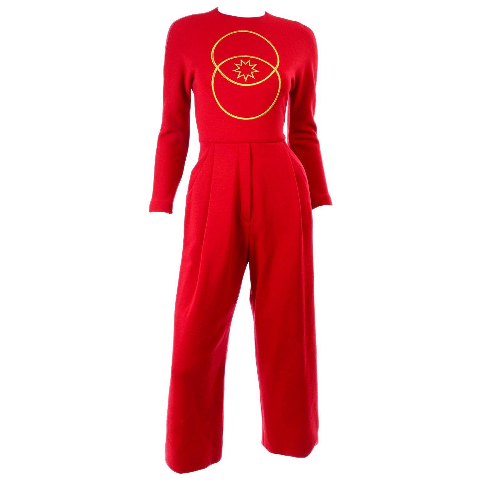 Red Vintage 1980s Geoffrey Beene Jumpsuit With Gold Circle and Star Embroidery