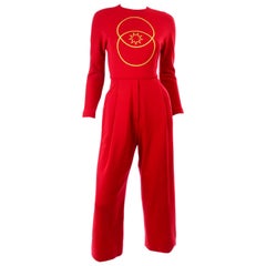 Red Vintage 1980s Geoffrey Beene Jumpsuit With Gold Circle and Star Embroidery