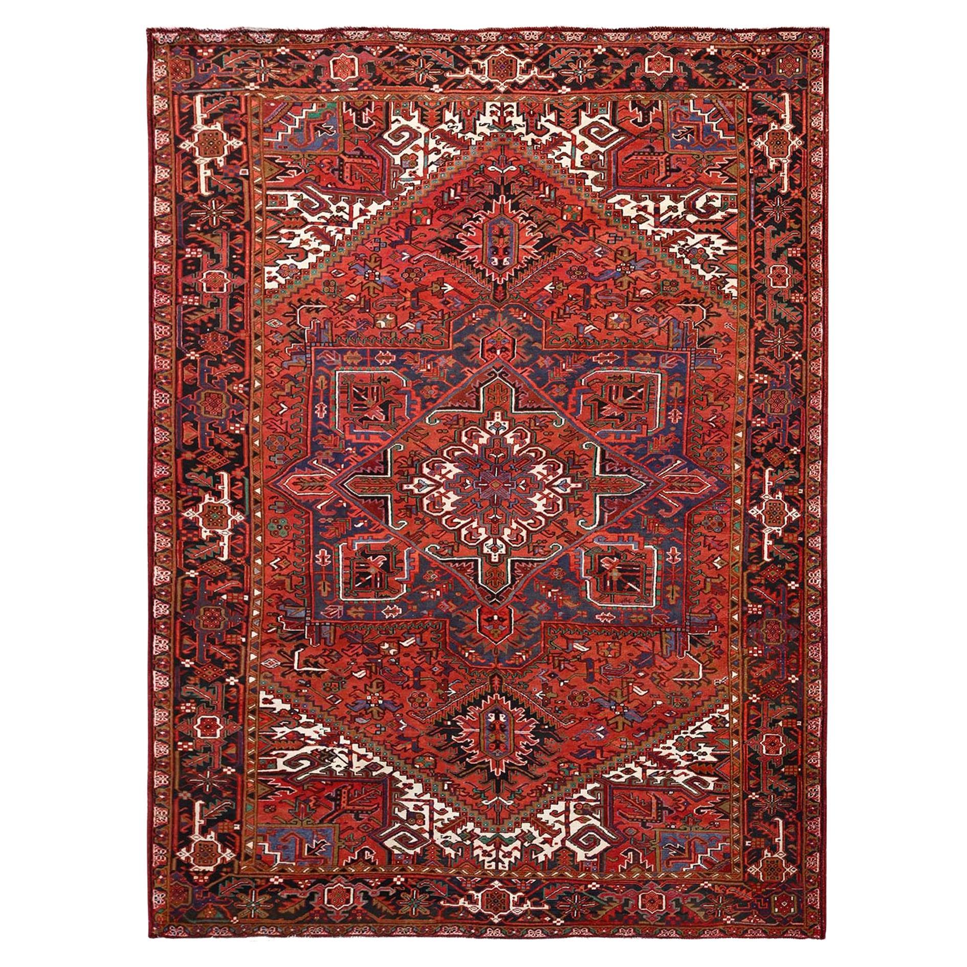 Red Vintage Bohemian Persian Heriz Distressed Look Wool Hand Knotted Cleaned Rug
