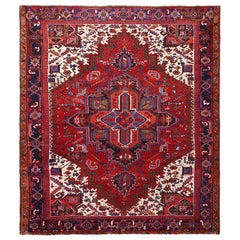 Tappeto rosso vintage bohémien persiano Heriz annodato a mano in lana rustica e pulito