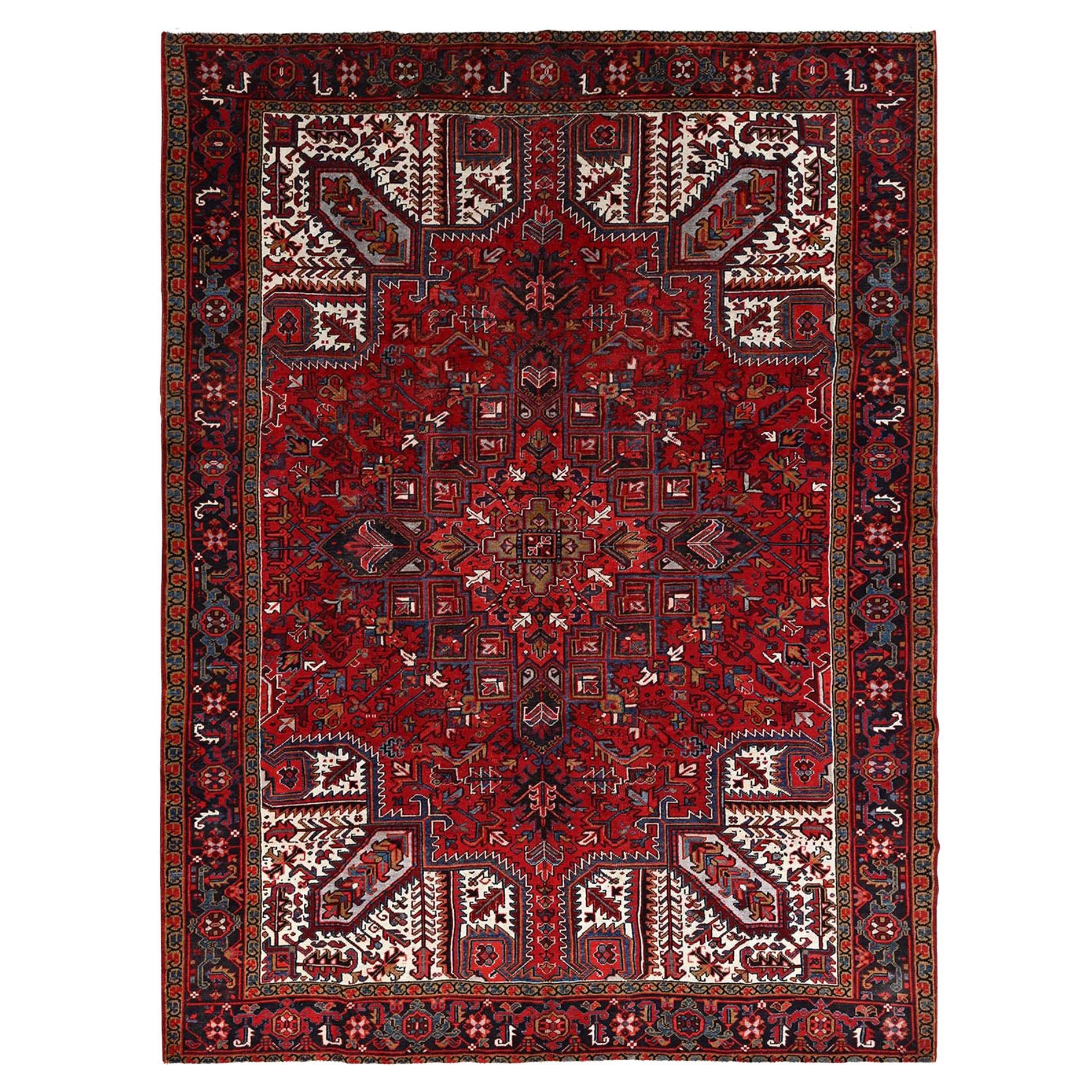 Red Vintage Bohemian Persian Heriz Rustic Feel Wool Hand Knotted Cleaned Rug For Sale