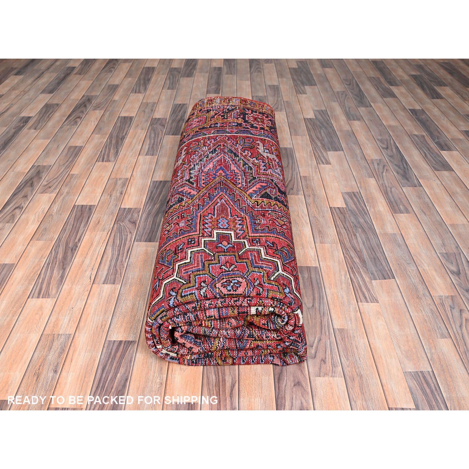 Red Vintage Bohemian Persian Heriz Rustic Look Pure Wool Hand Knotted Clean Rug For Sale 4
