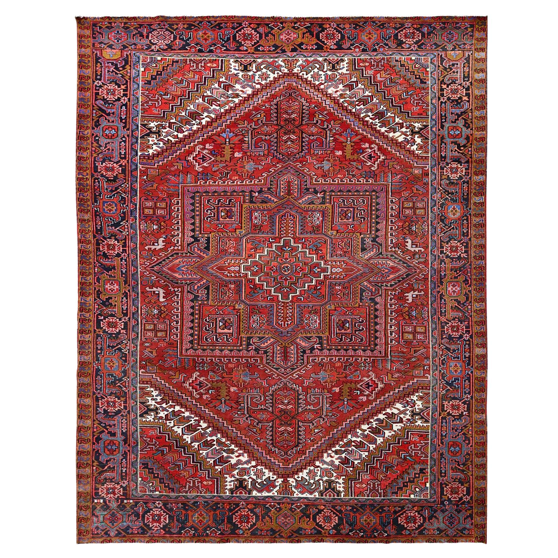 Red Vintage Bohemian Persian Heriz Rustic Look Pure Wool Hand Knotted Clean Rug For Sale