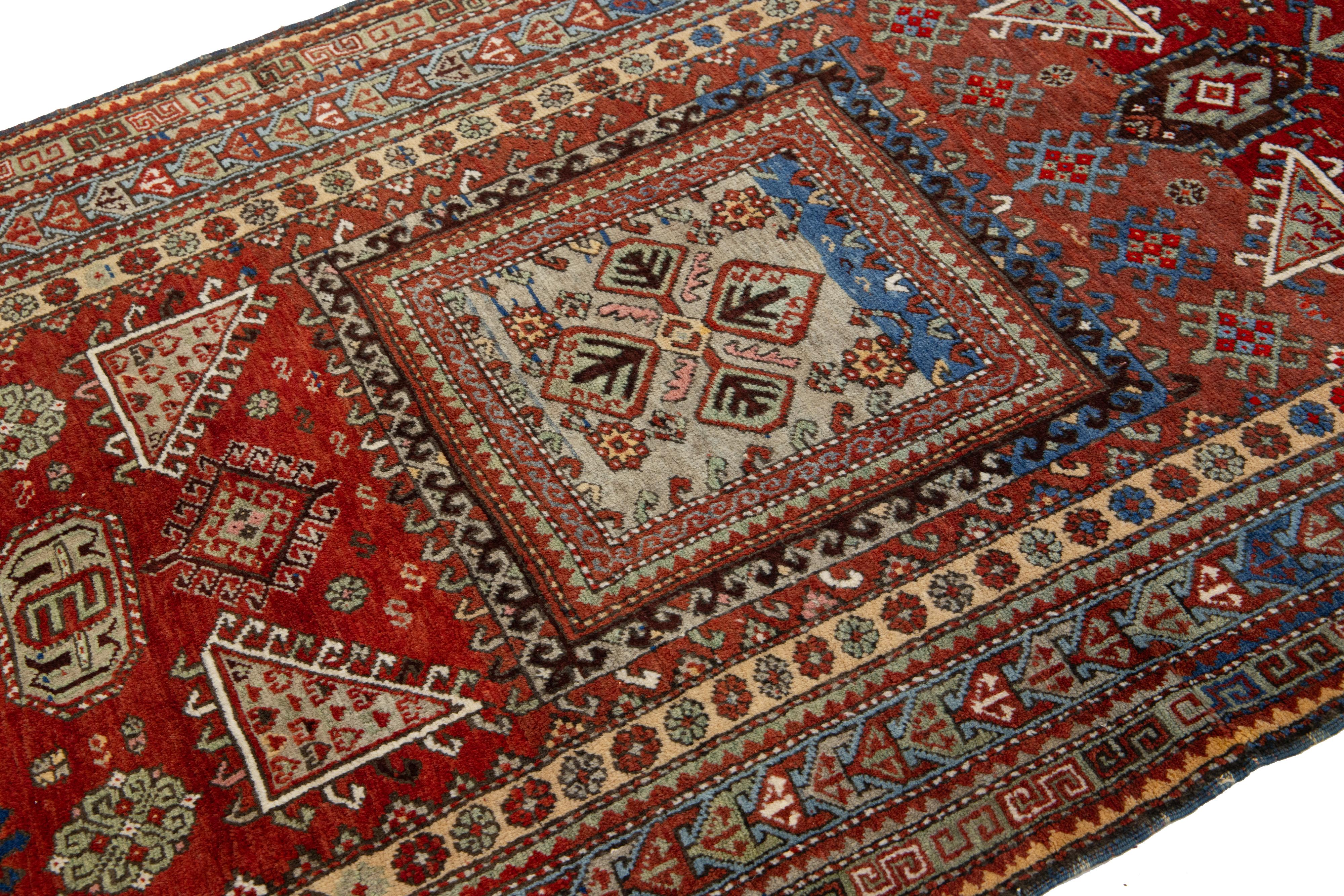 Red Vintage Caucasian Kazak Wool Rug With Geometric Pattern In Excellent Condition For Sale In Norwalk, CT