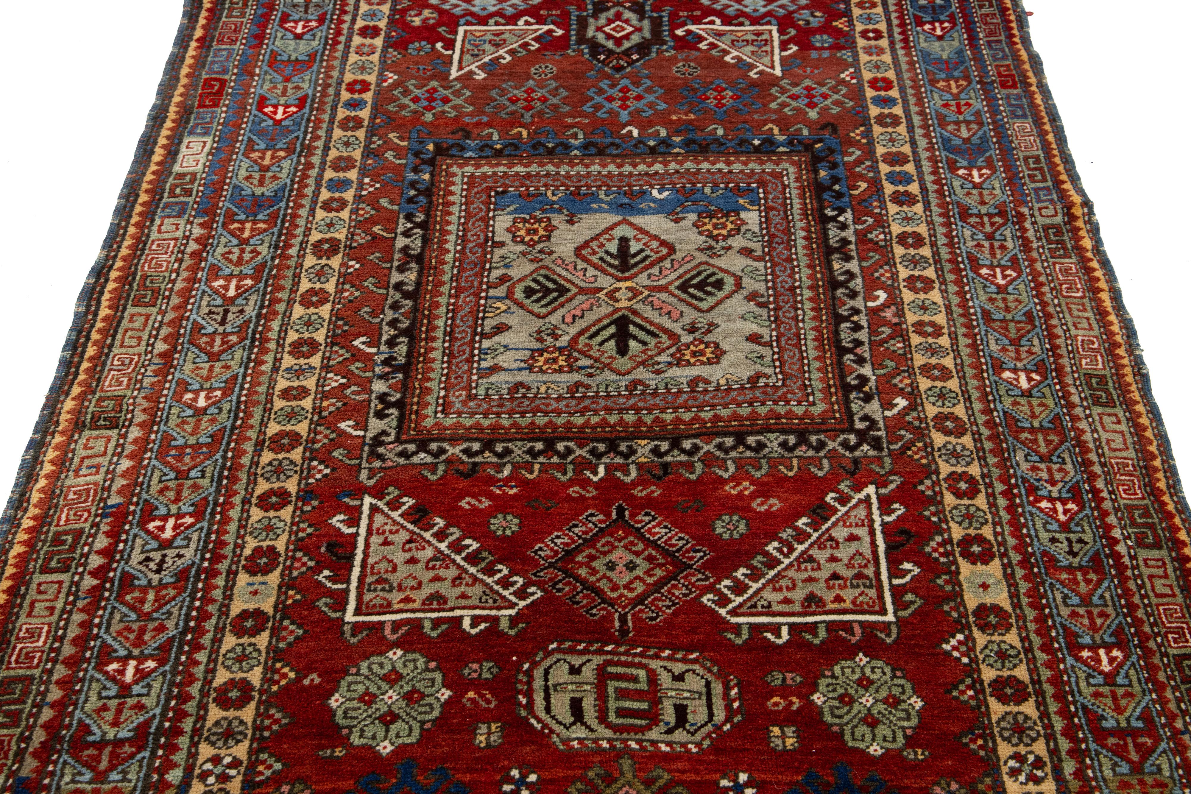 Red Vintage Caucasian Kazak Wool Rug With Geometric Pattern For Sale 2