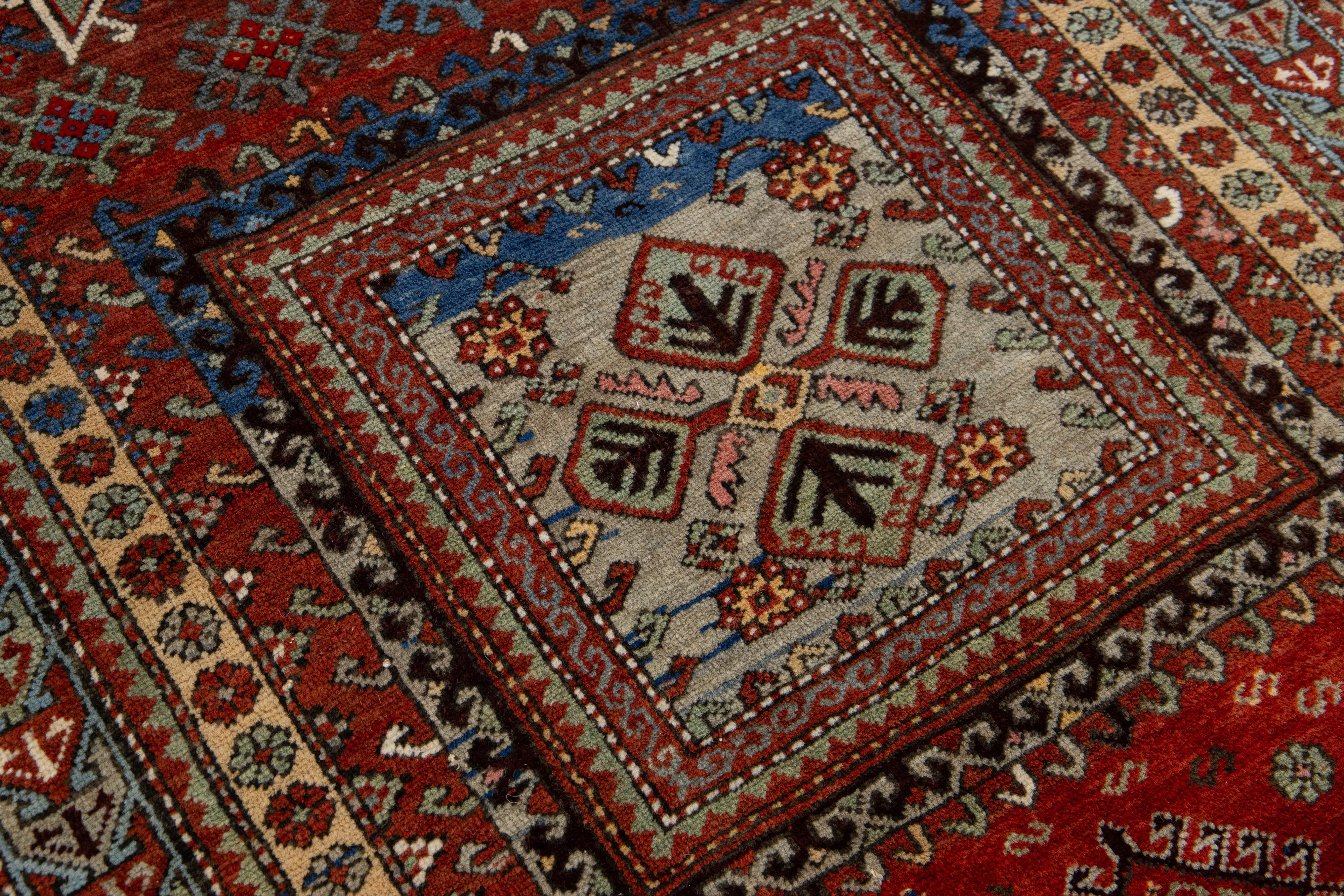 Red Vintage Caucasian Kazak Wool Rug With Geometric Pattern For Sale 3
