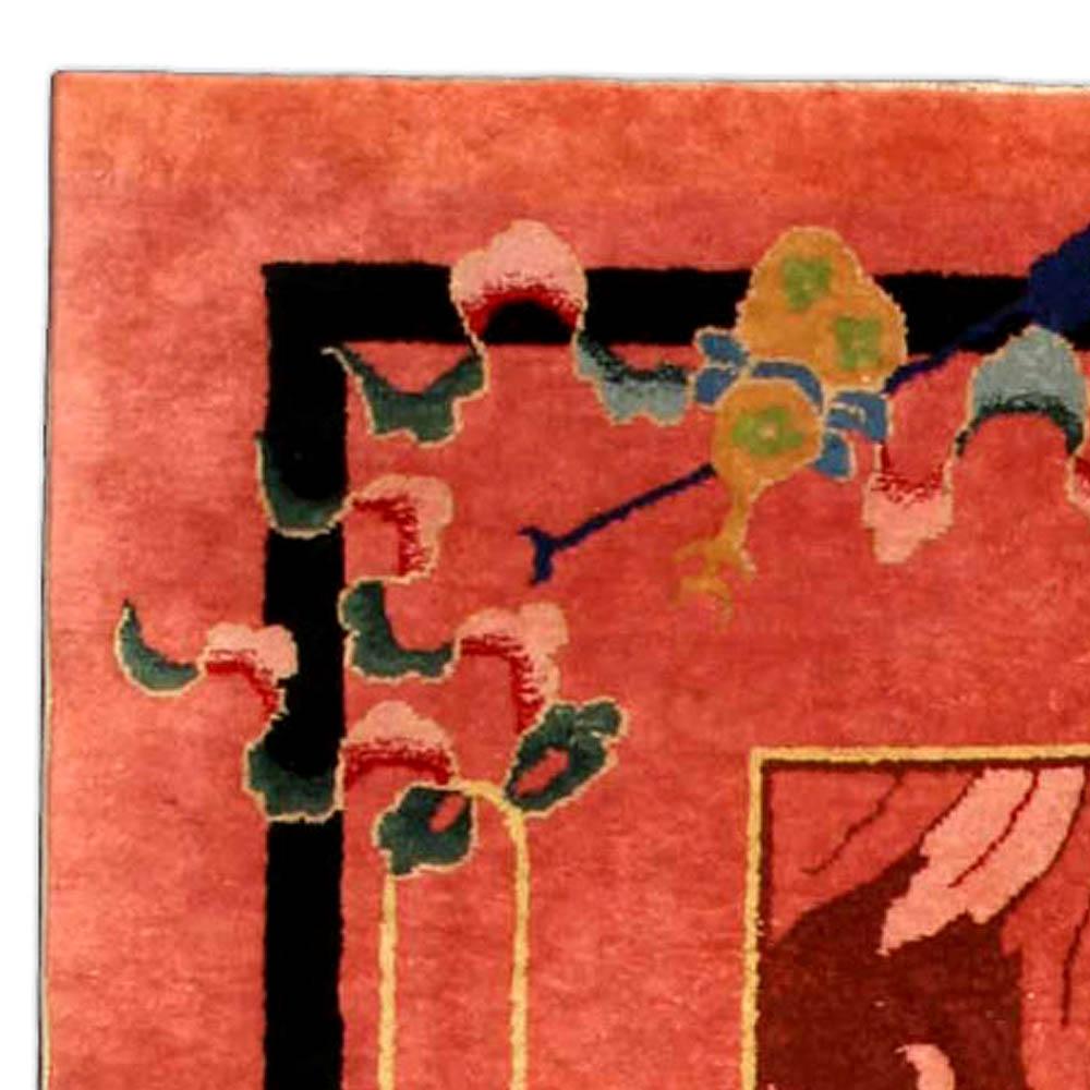 Hand-Knotted Red Vintage Chinese Art Deco Carpet