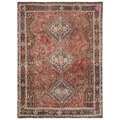 Red Vintage Geometric Design Persian Qashqai Sheared Low Handmade Rug