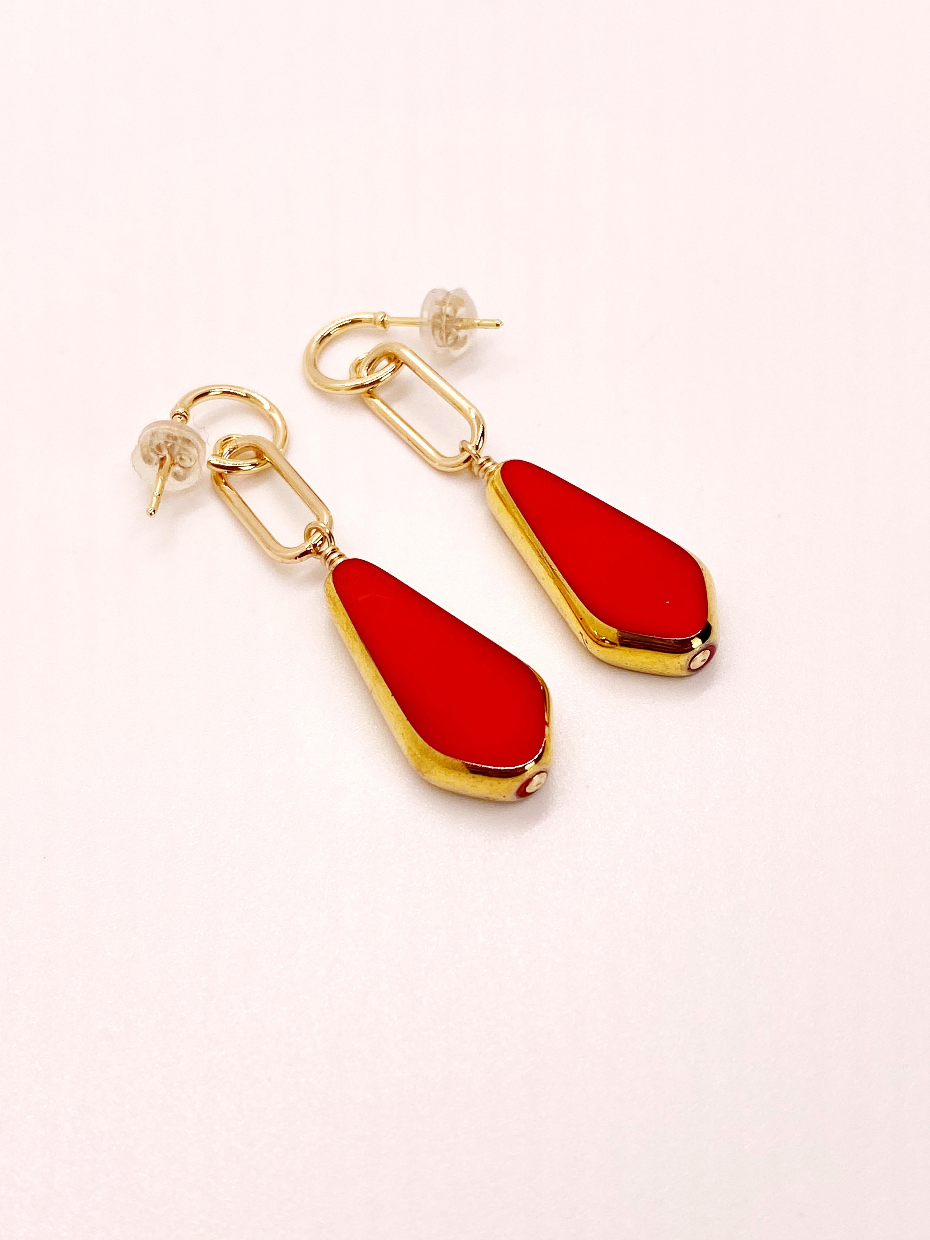 Retro Red Vintage German Glass Beads edged with 24K gold Kite Earrings