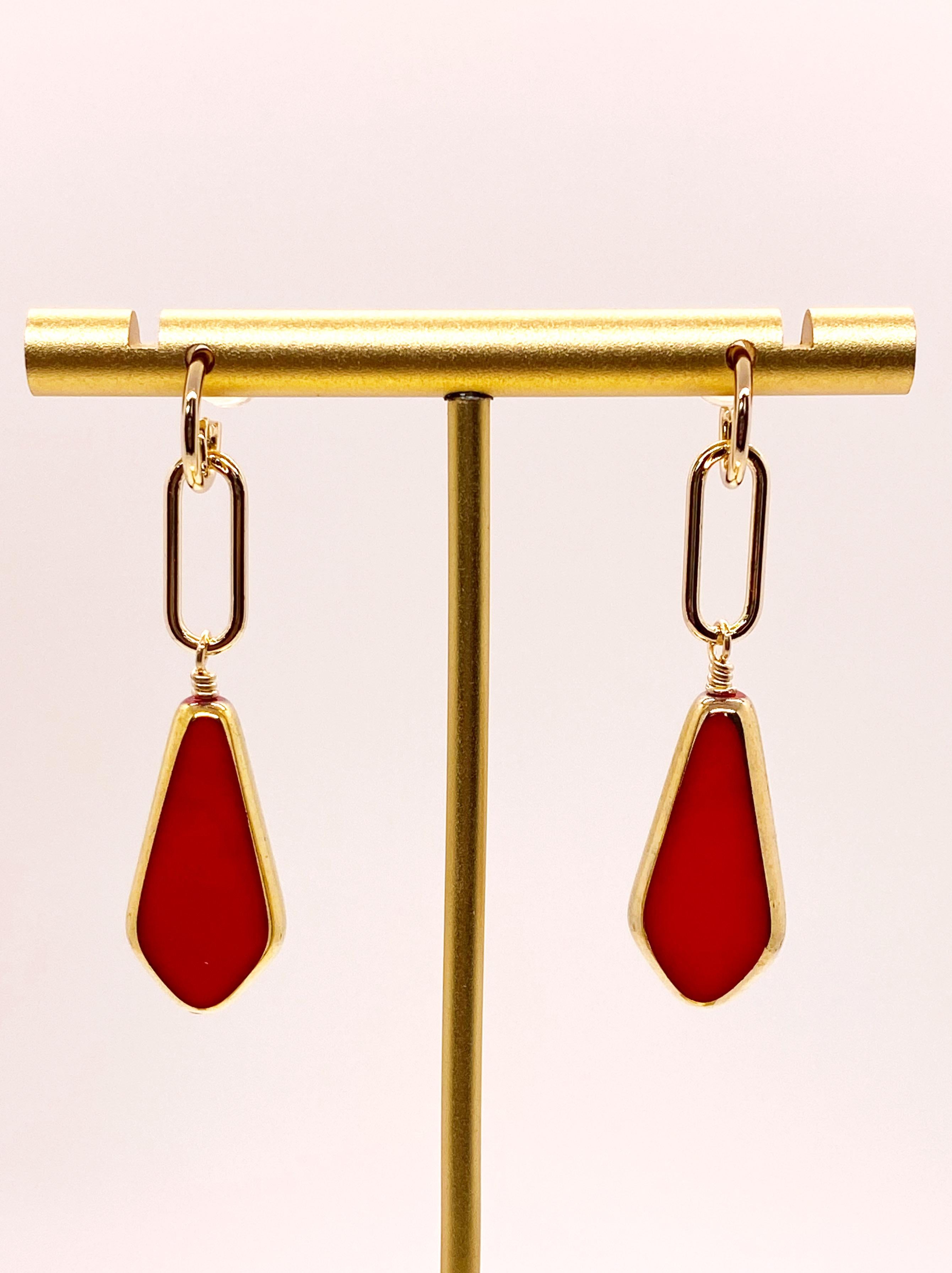 Red Vintage German Glass Beads edged with 24K gold Kite Earrings In New Condition In Monrovia, CA