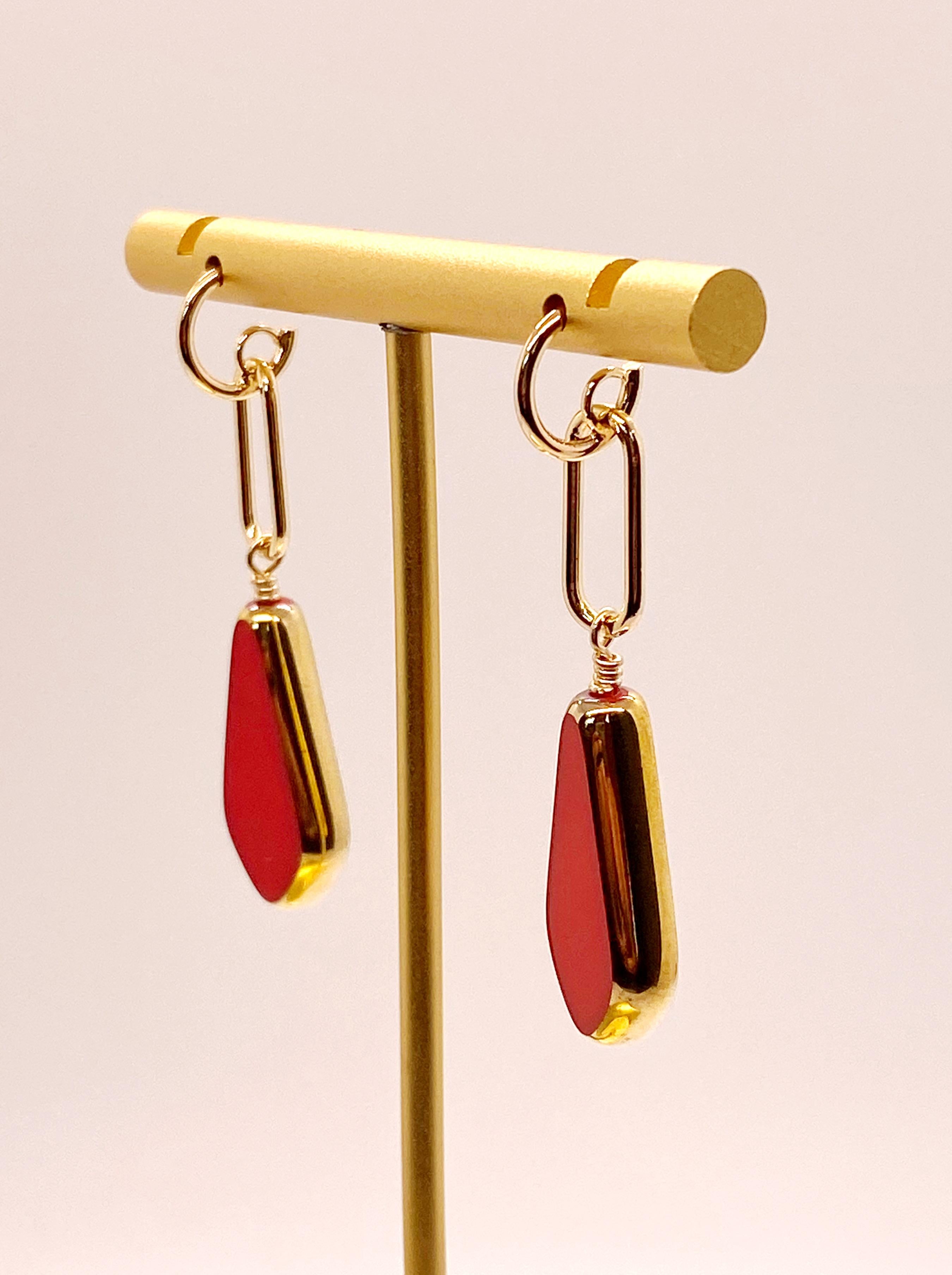 Women's Red Vintage German Glass Beads edged with 24K gold Kite Earrings