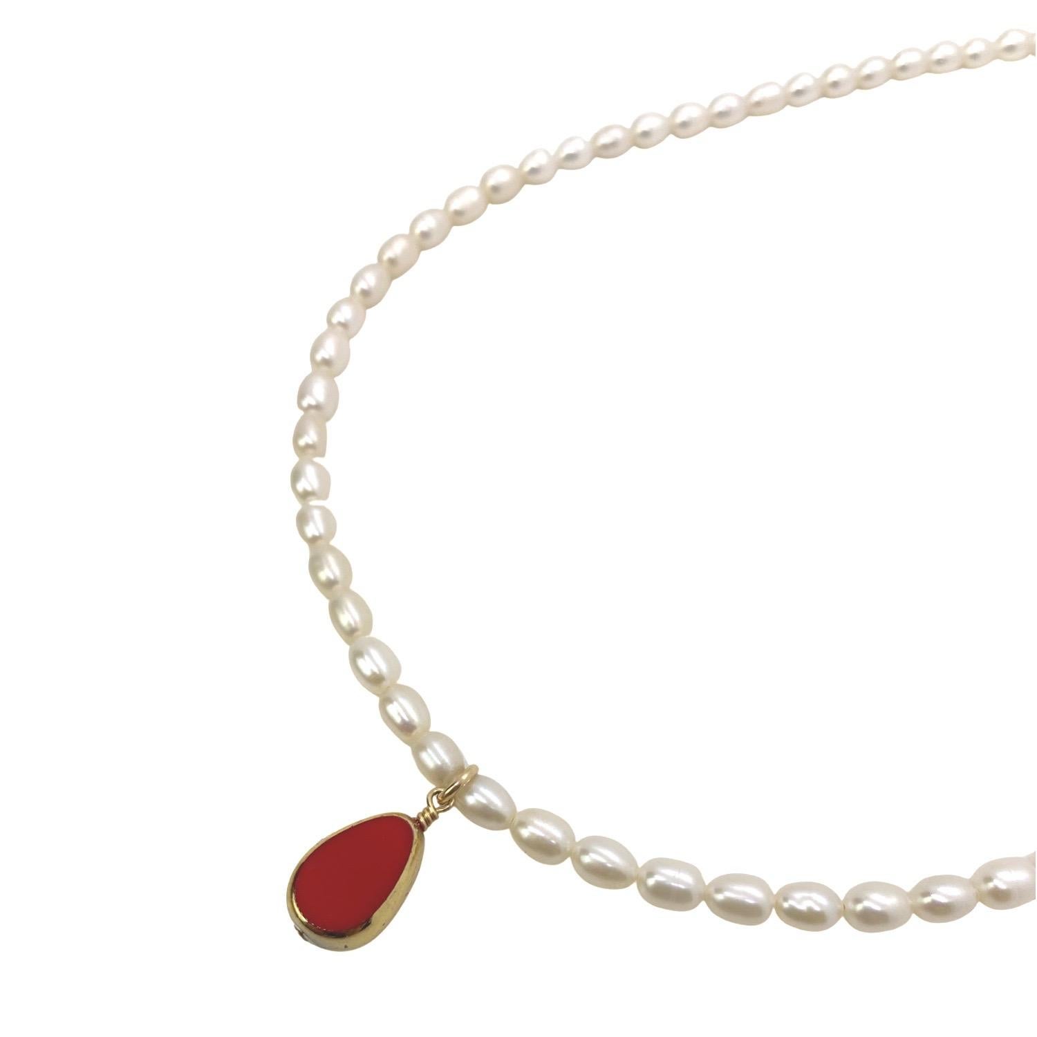 Contemporary Red Vintage German Glass Beads edged with 24K gold on Pearls, Alex Necklace For Sale