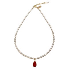 Red Retro German Glass Beads edged with 24K gold on Pearls, Alex Necklace