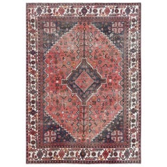 Red Vintage Handmade Sheared Low Persian Qashqai Geometric Design Rug