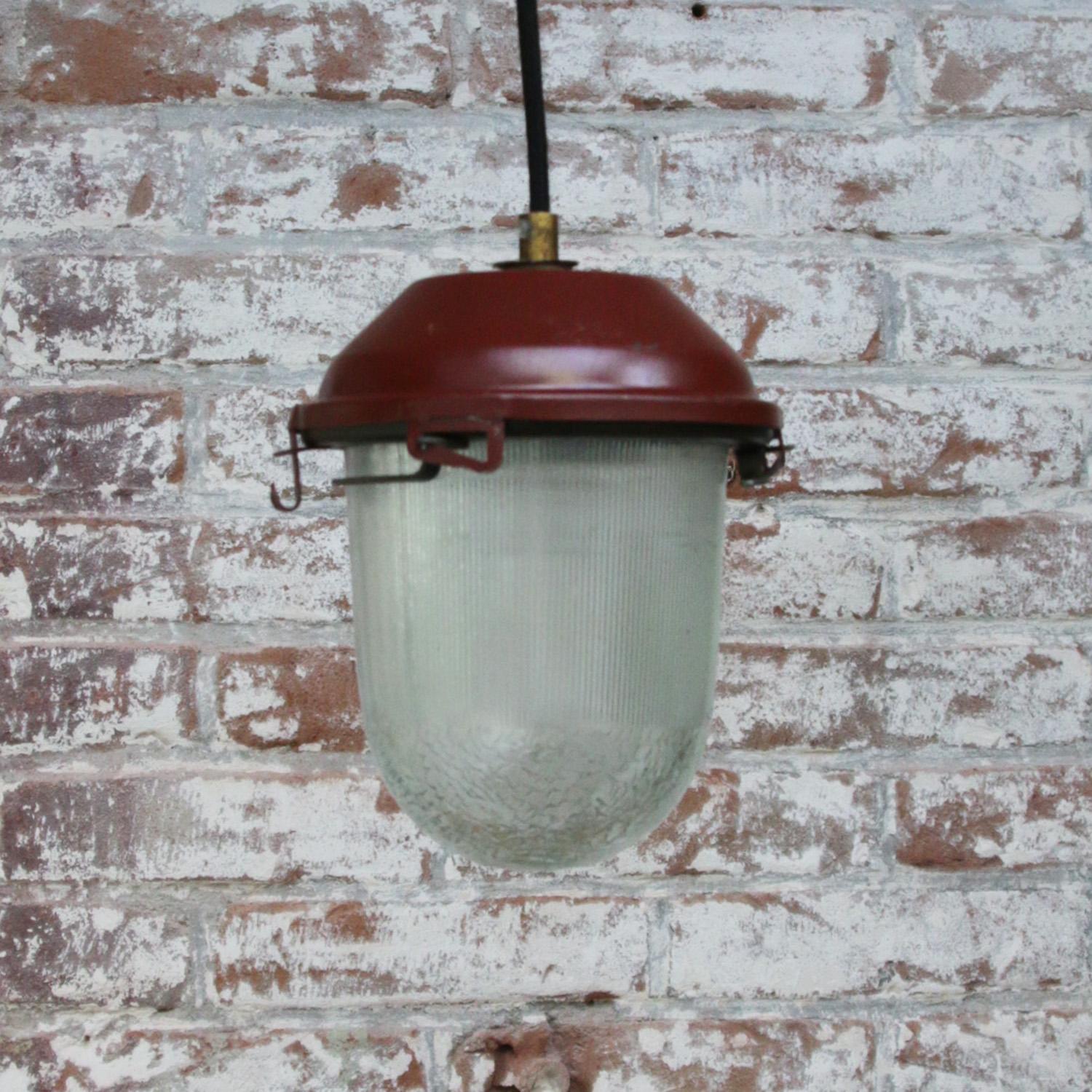 Iron Red Vintage Industrial Clear Striped Glass Pendant Lights For Sale