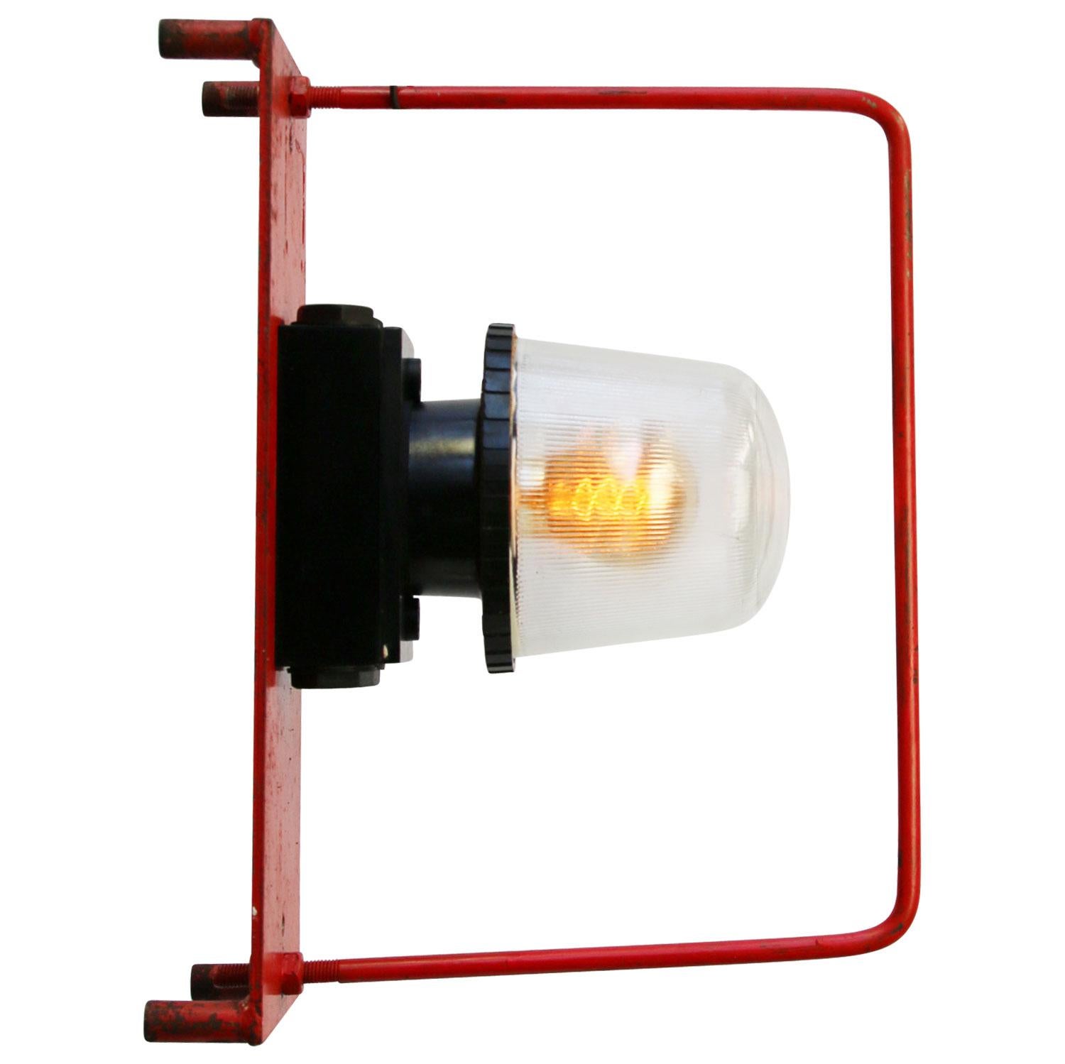 Red metal industrial wall, floor, desk light
Reeded glass, 2 holes to secure.

Weight: 4.50 kg / 9.9 lb

Priced per individual item. All lamps have been made suitable by international standards for incandescent light bulbs, energy-efficient and LED