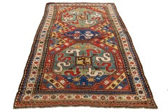 Red Vintage Kazak Caucasian Wool Rug With Multicolor Tribal Design