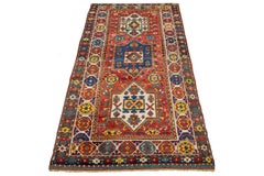 Red Vintage Kazak Caucasian Wool Runner With Multicolor Geometric Design