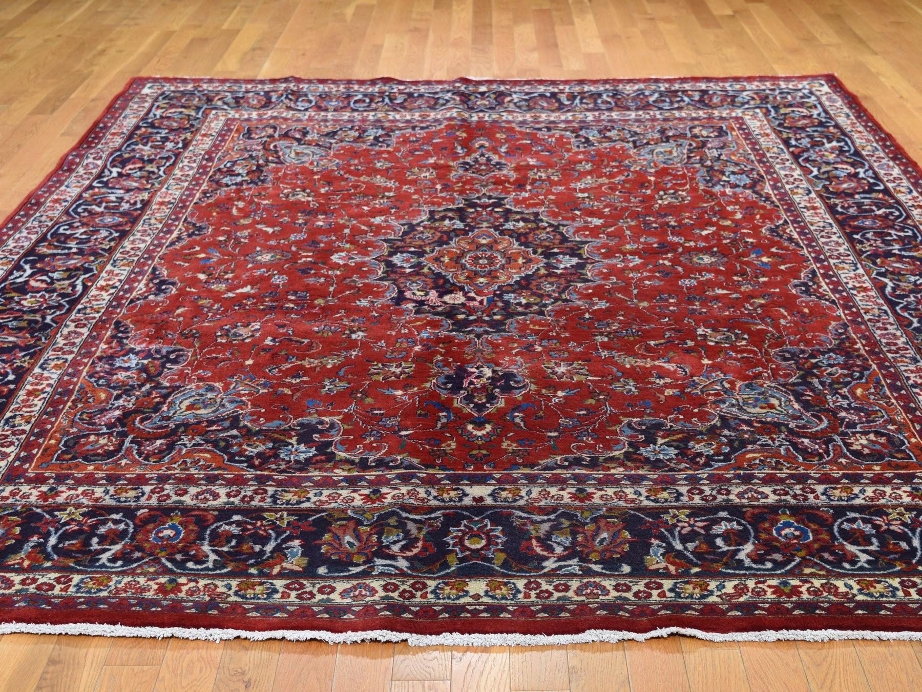 Hollywood Regency Red Vintage Mashad Pure Wool Full Pile Hand Knotted Oriental Rug, 8'1