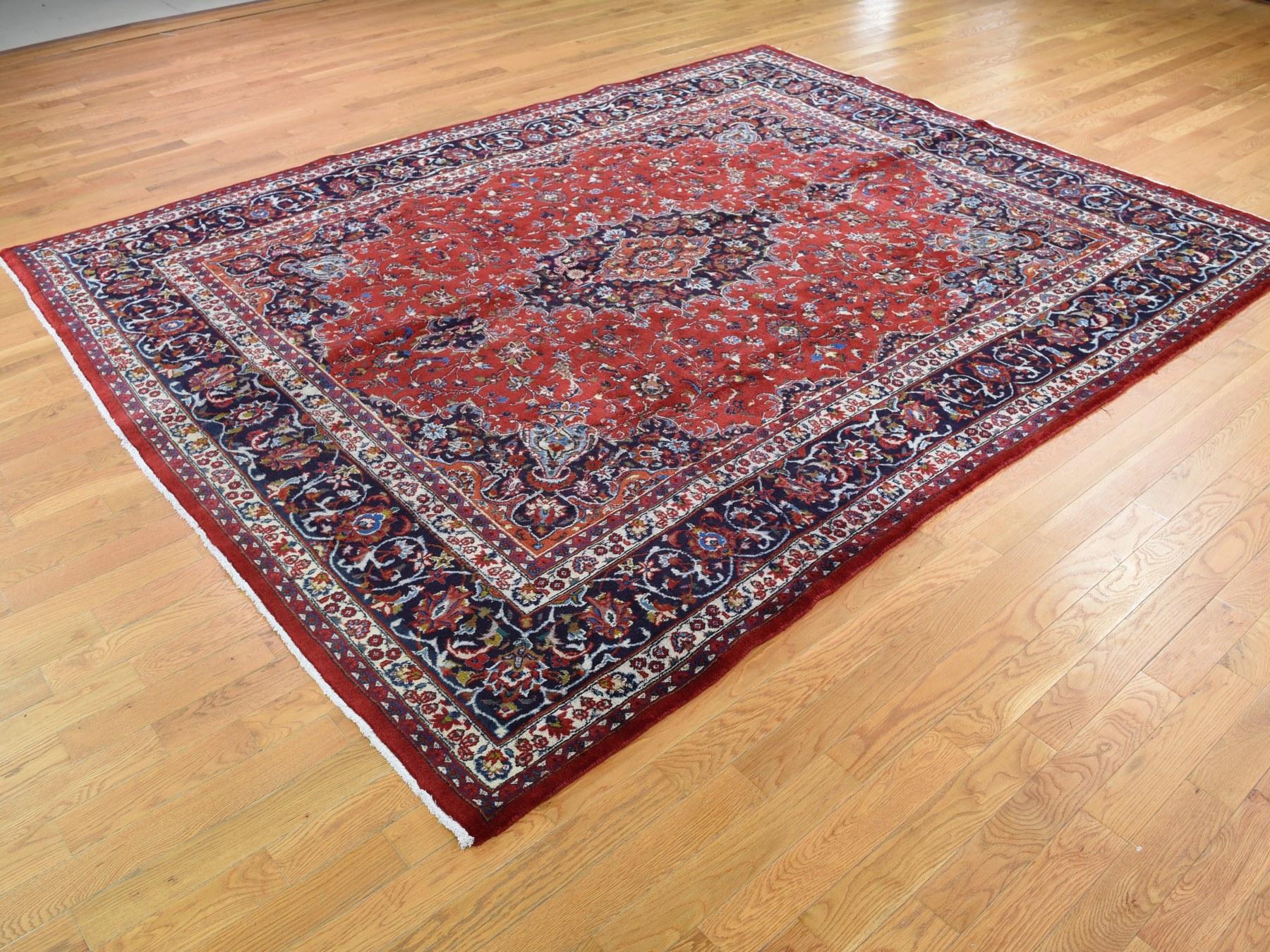 Persian Red Vintage Mashad Pure Wool Full Pile Hand Knotted Oriental Rug, 8'1