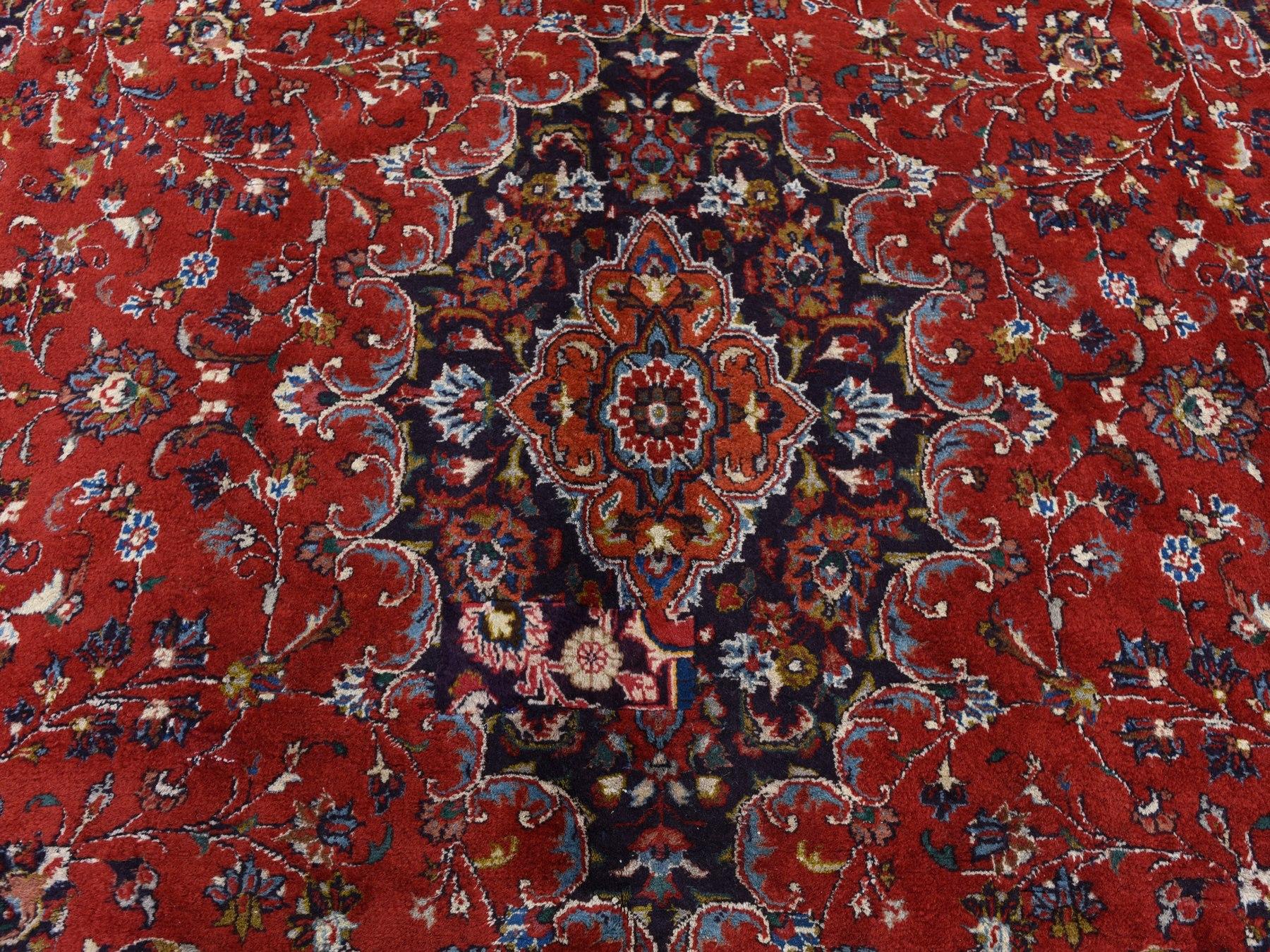 Red Vintage Mashad Pure Wool Full Pile Hand Knotted Oriental Rug, 8'1