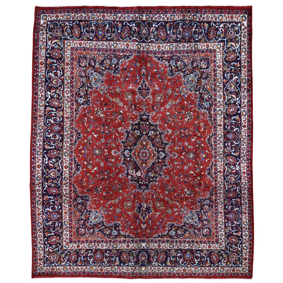 Red Vintage Mashad Pure Wool Full Pile Hand Knotted Oriental Rug, 8'1" x 10'5"