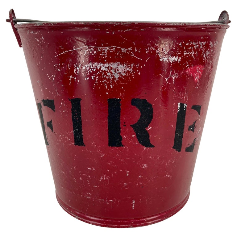 Red Vintage Metal Fire Bucket Waste Basket or Trash Can For Sale at 1stDibs