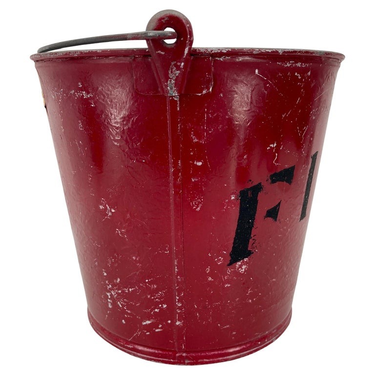 Red Vintage Metal Fire Bucket Waste Basket or Trash Can For Sale at 1stDibs