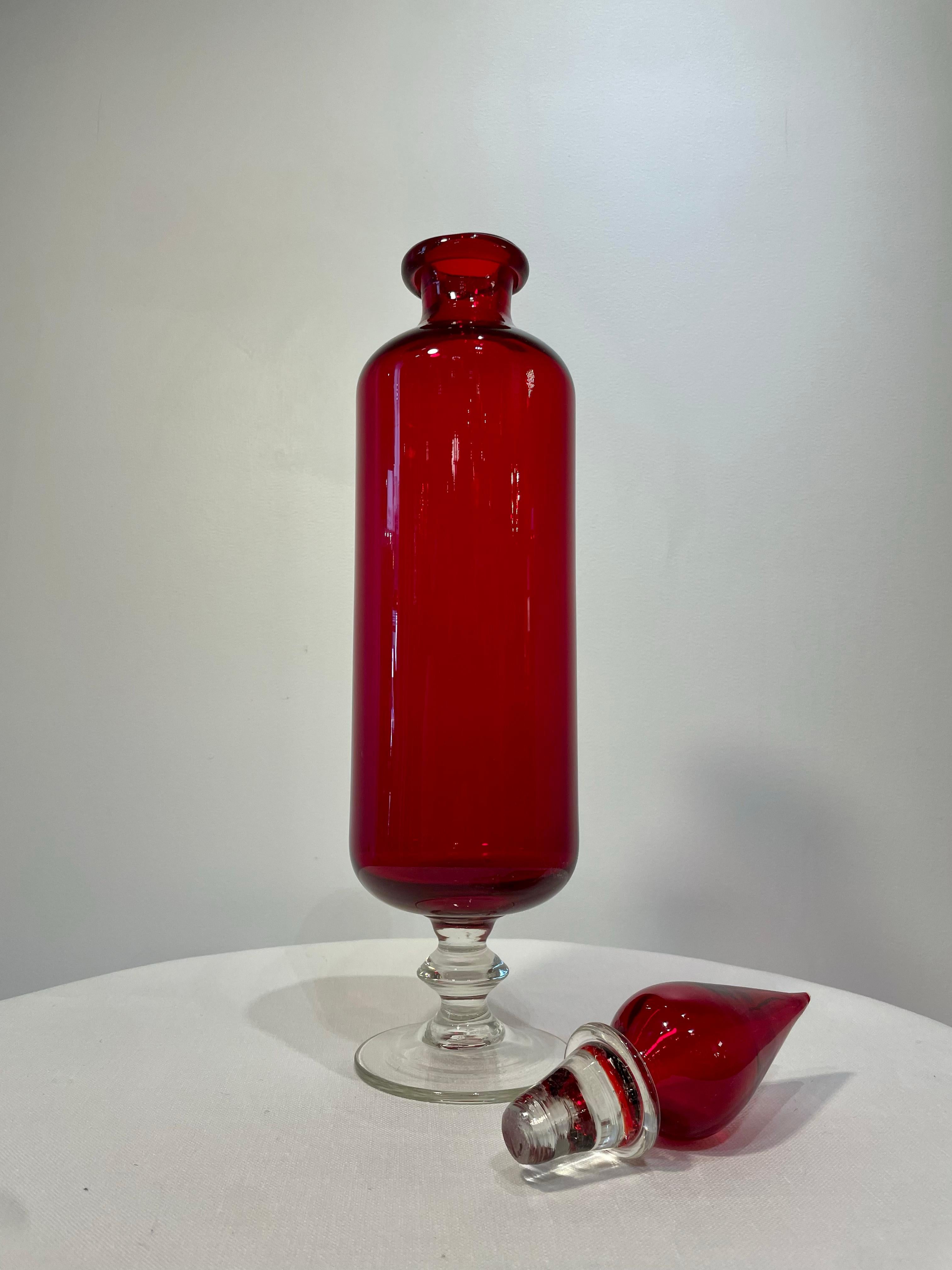 Italian Red Vintage Murano Glass Tall Decanter